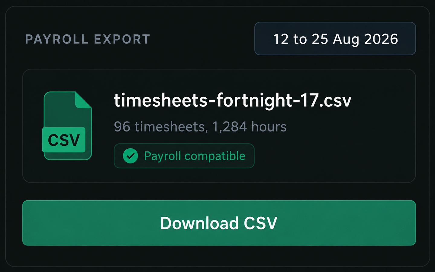 Drive360 export panel with a payroll-compatible CSV option