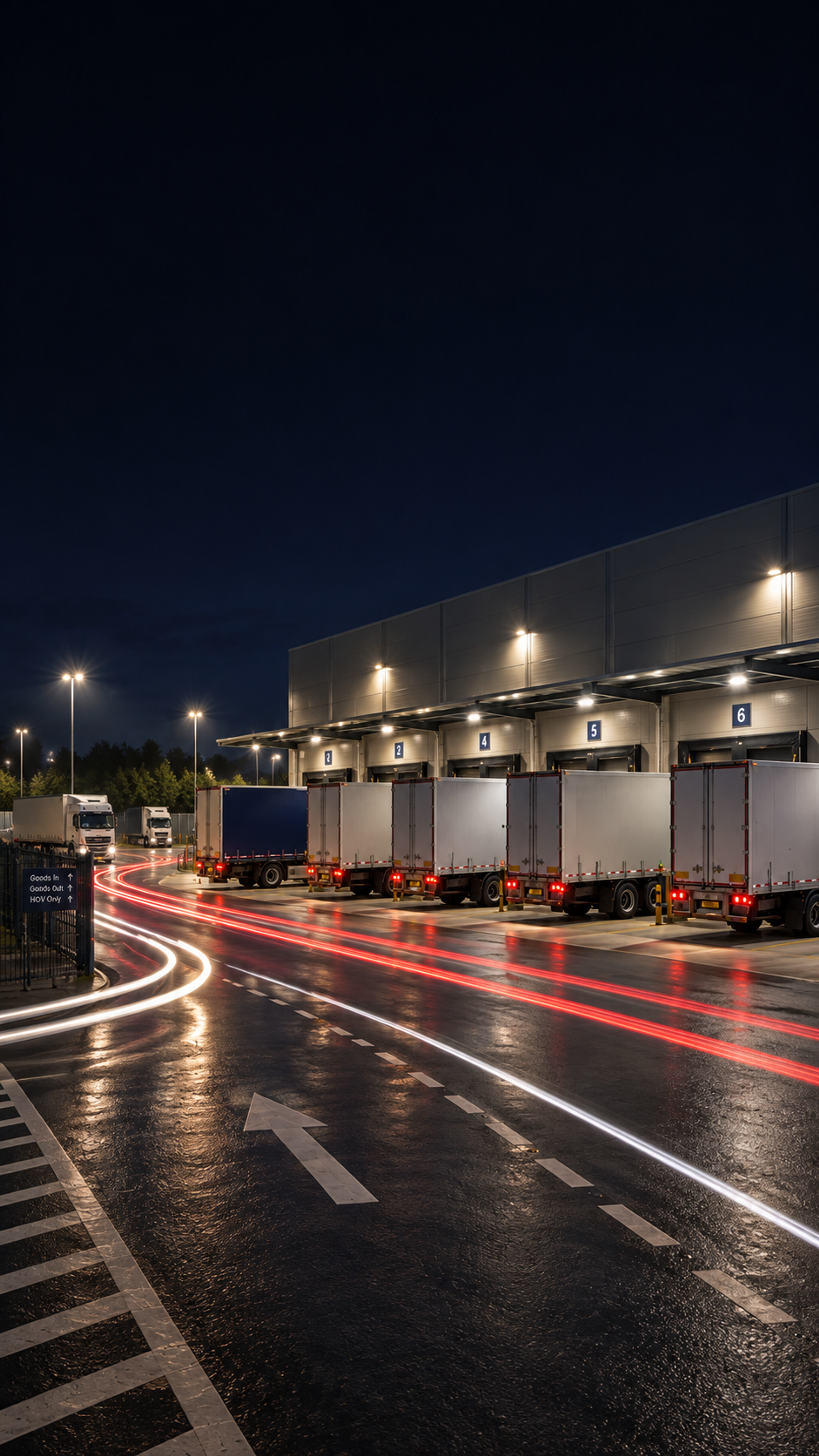 Photograph: a depot at night with vehicles and light trails. Dark and cool, room at the top, no text in the artwork.