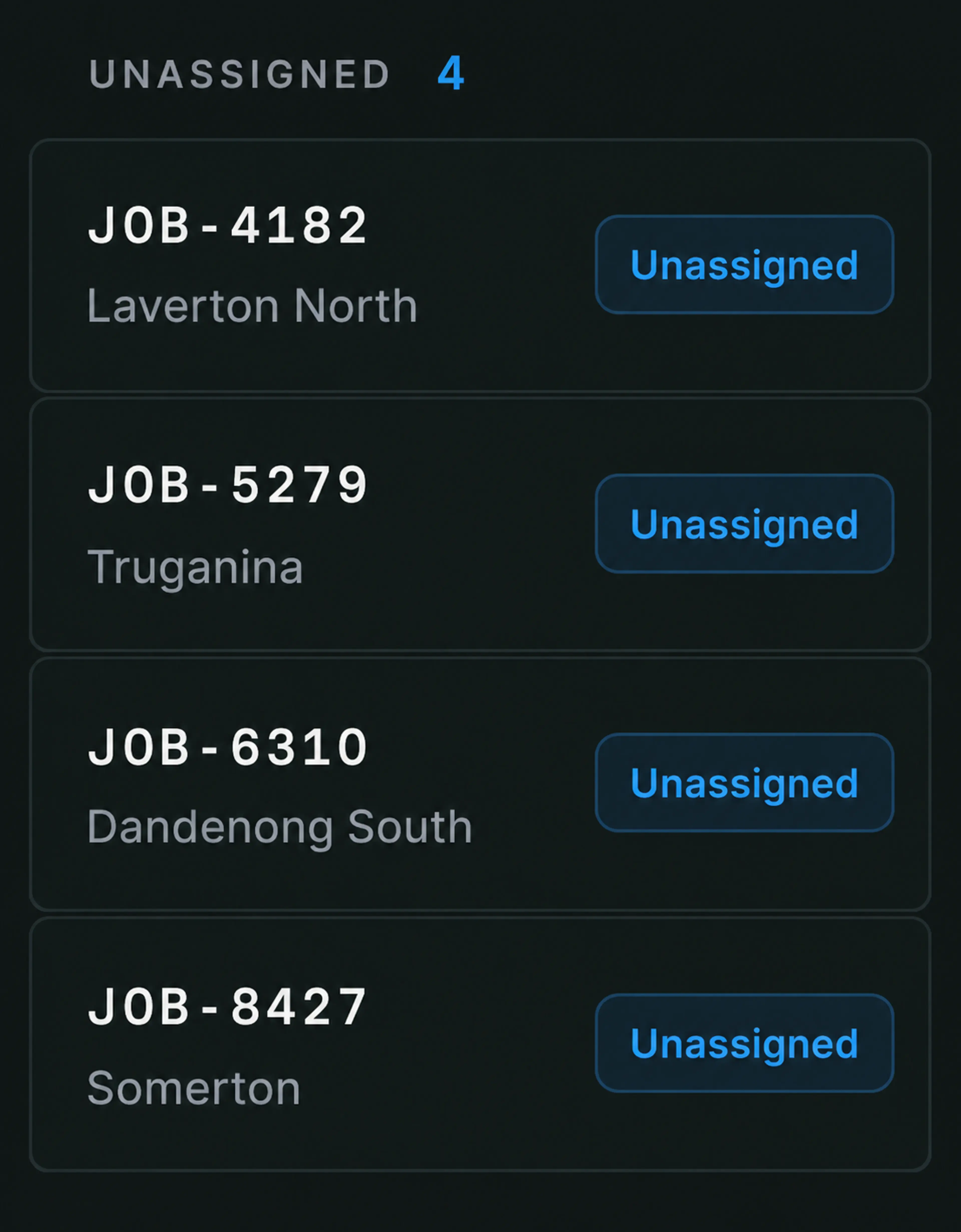 Route360 unassigned jobs panel: four jobs with reference and pickup city.
