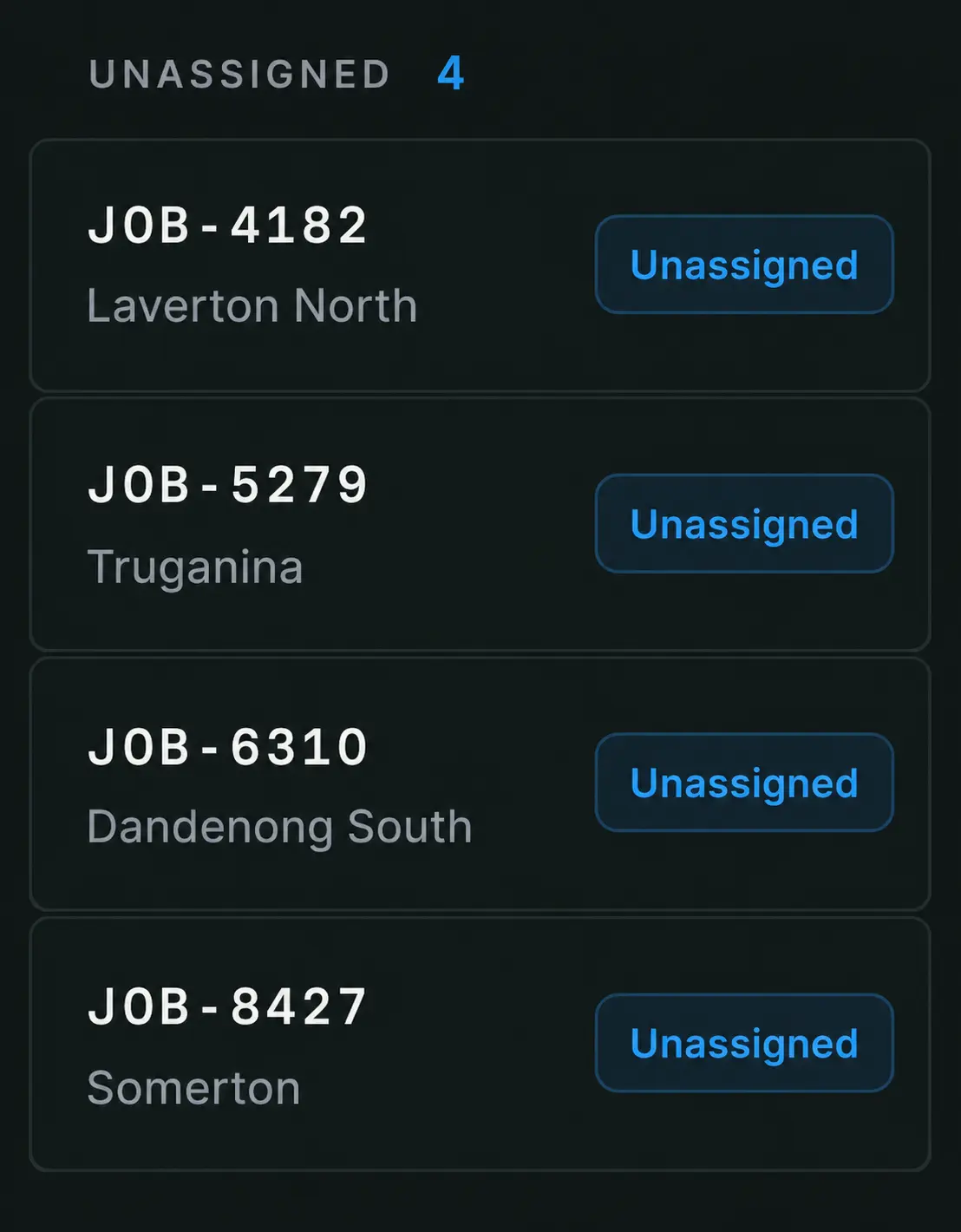 Route360 unassigned jobs panel: four jobs with reference and pickup city.