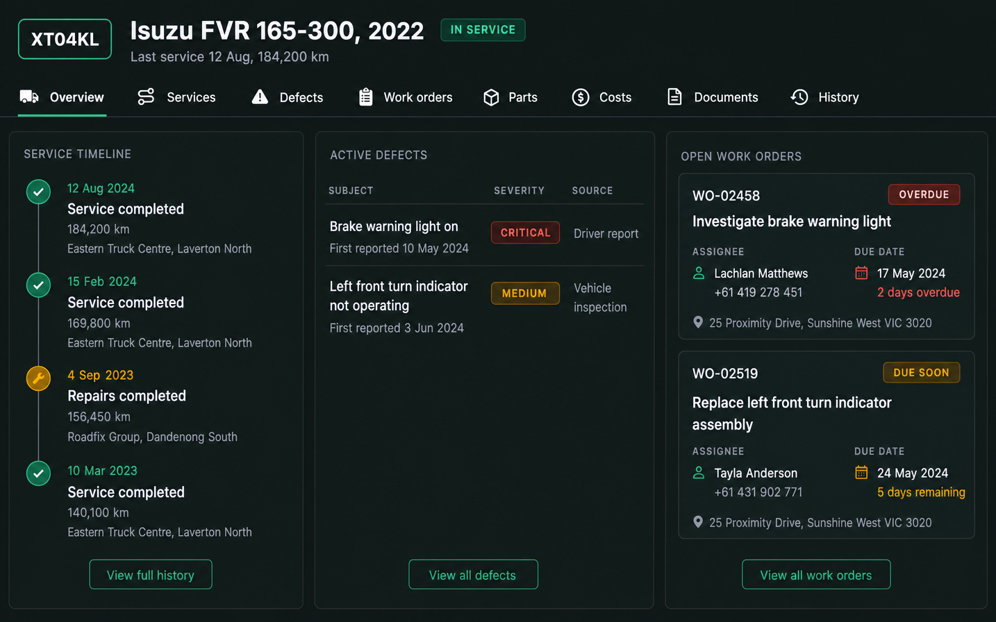 The Drive360 vehicle maintenance record: tabs for overview, services, defects, work orders, parts, costs, documents and history, with the service timeline, active defects and open work orders beside each other.