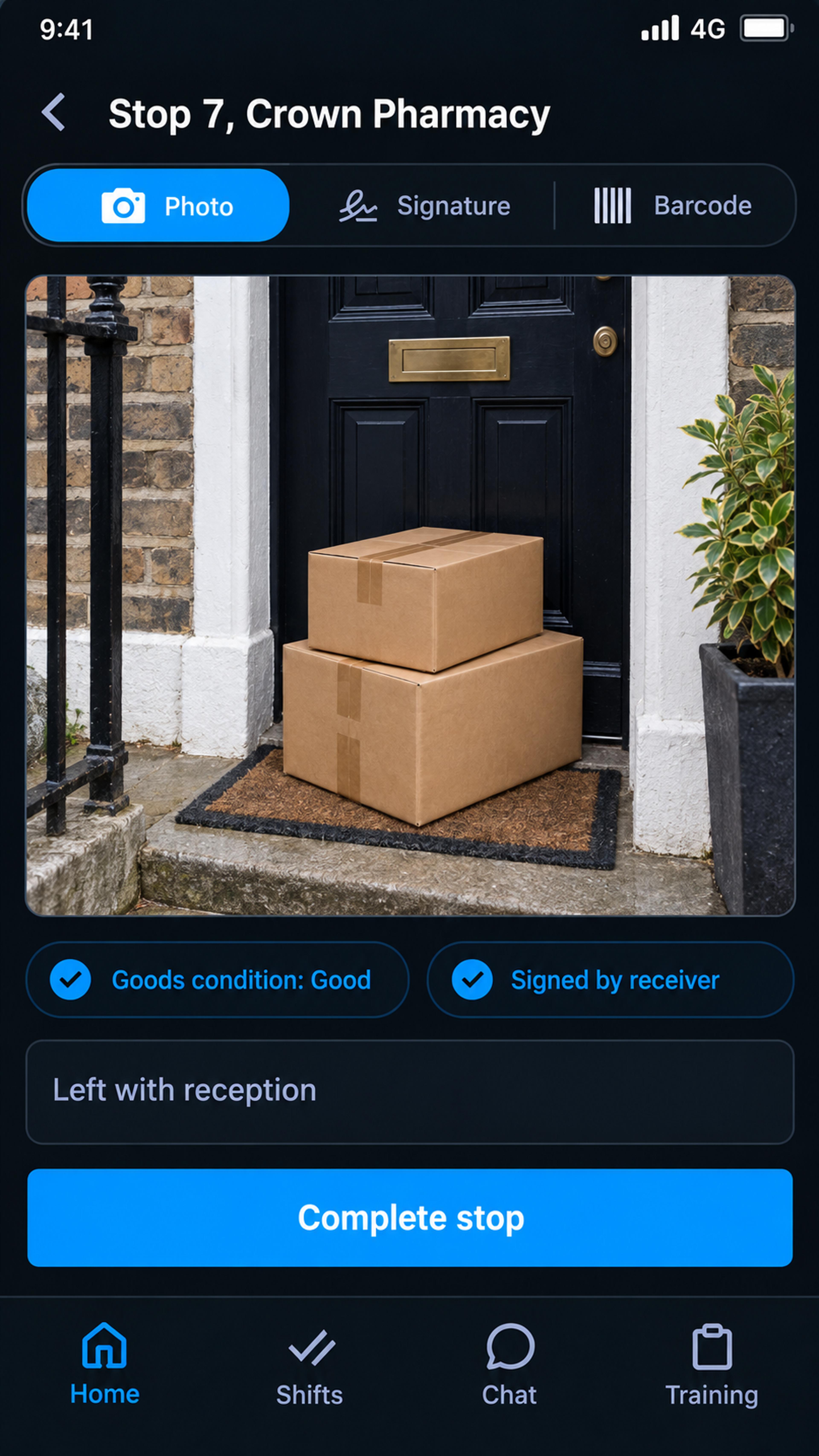 Driver app proof capture: photo, signature and barcode tabs with a captured image and an optional note, above the complete stop action. Portrait handset, 9:13 crop.