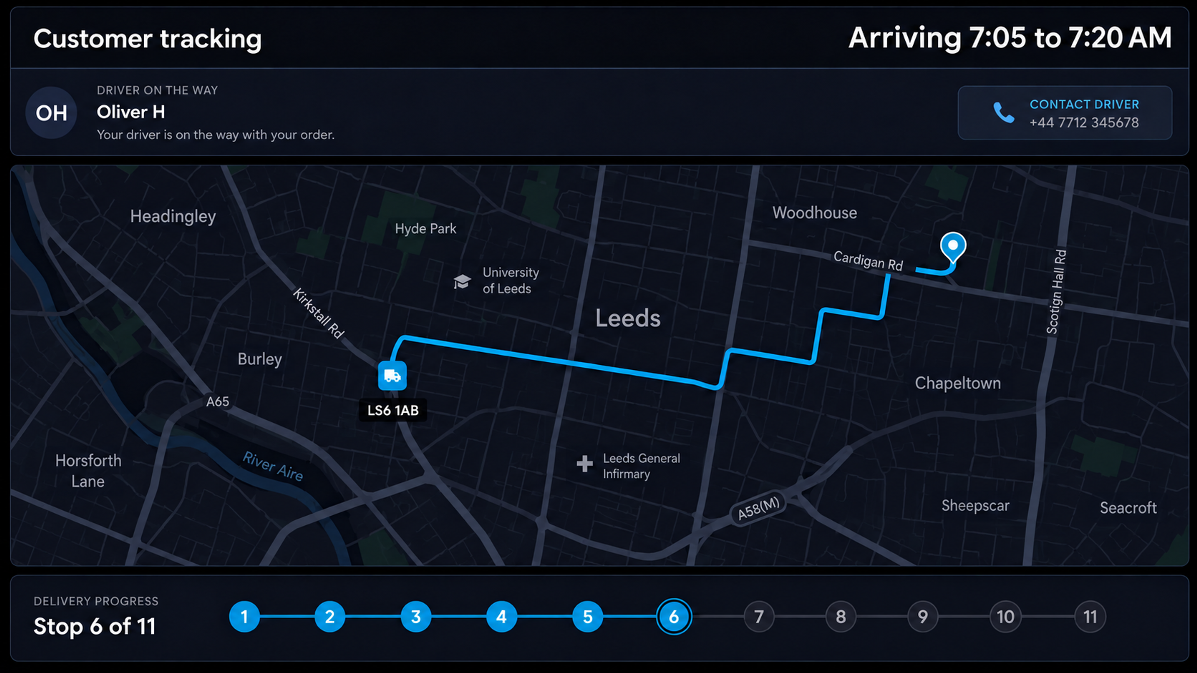 Branded customer tracking page: estimated arrival window, driver on the way card, the route on a map and the stop progress bar. 16:9.