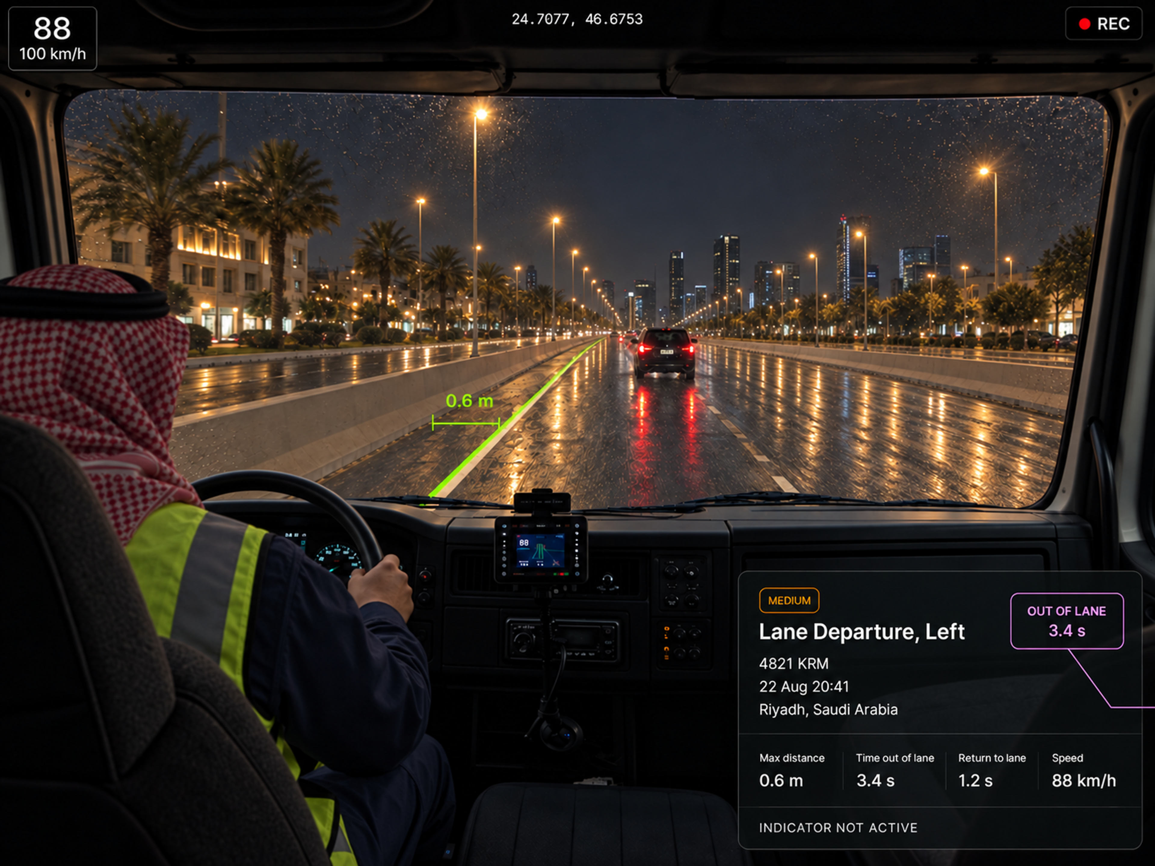 Vision360 lane departure event review: road-facing video with the lane boundary highlighted and a left lane departure overlay, the metric row for max distance from lane, time out of lane, speed, direction and return to lane, the five seconds either side strip, the data quality row, and the event summary. 4:3, dark UI, 2000x1500.