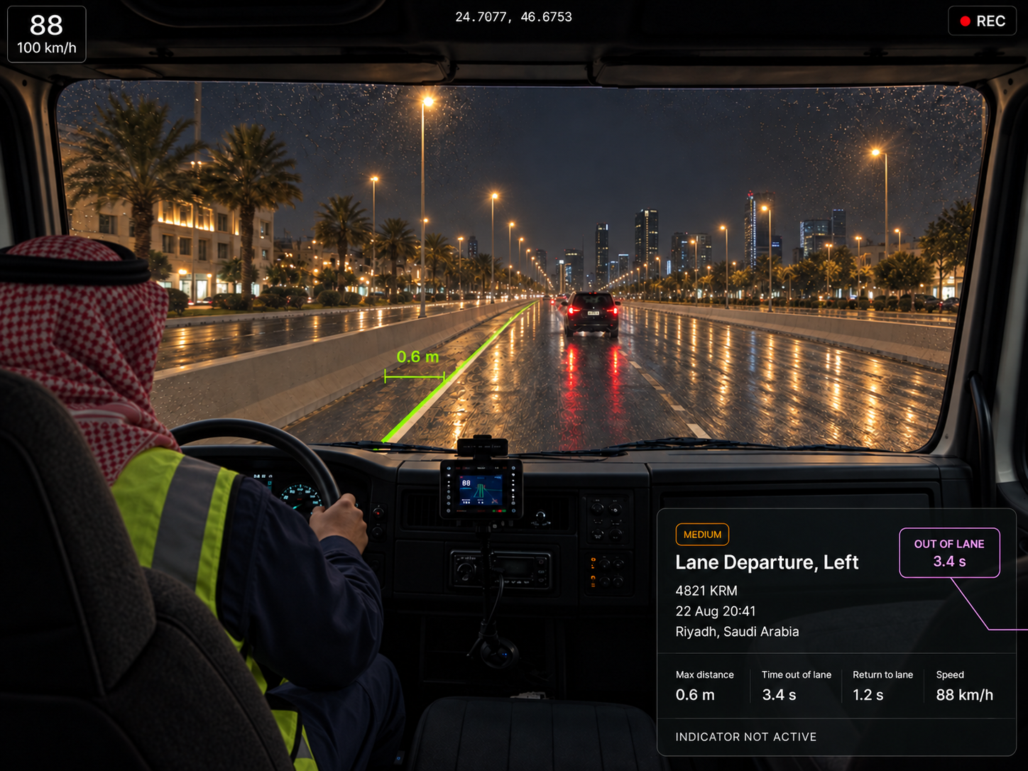 Vision360 lane departure event review: road-facing video with the lane boundary highlighted and a left lane departure overlay, the metric row for max distance from lane, time out of lane, speed, direction and return to lane, the five seconds either side strip, the data quality row, and the event summary. 4:3, dark UI, 2000x1500.