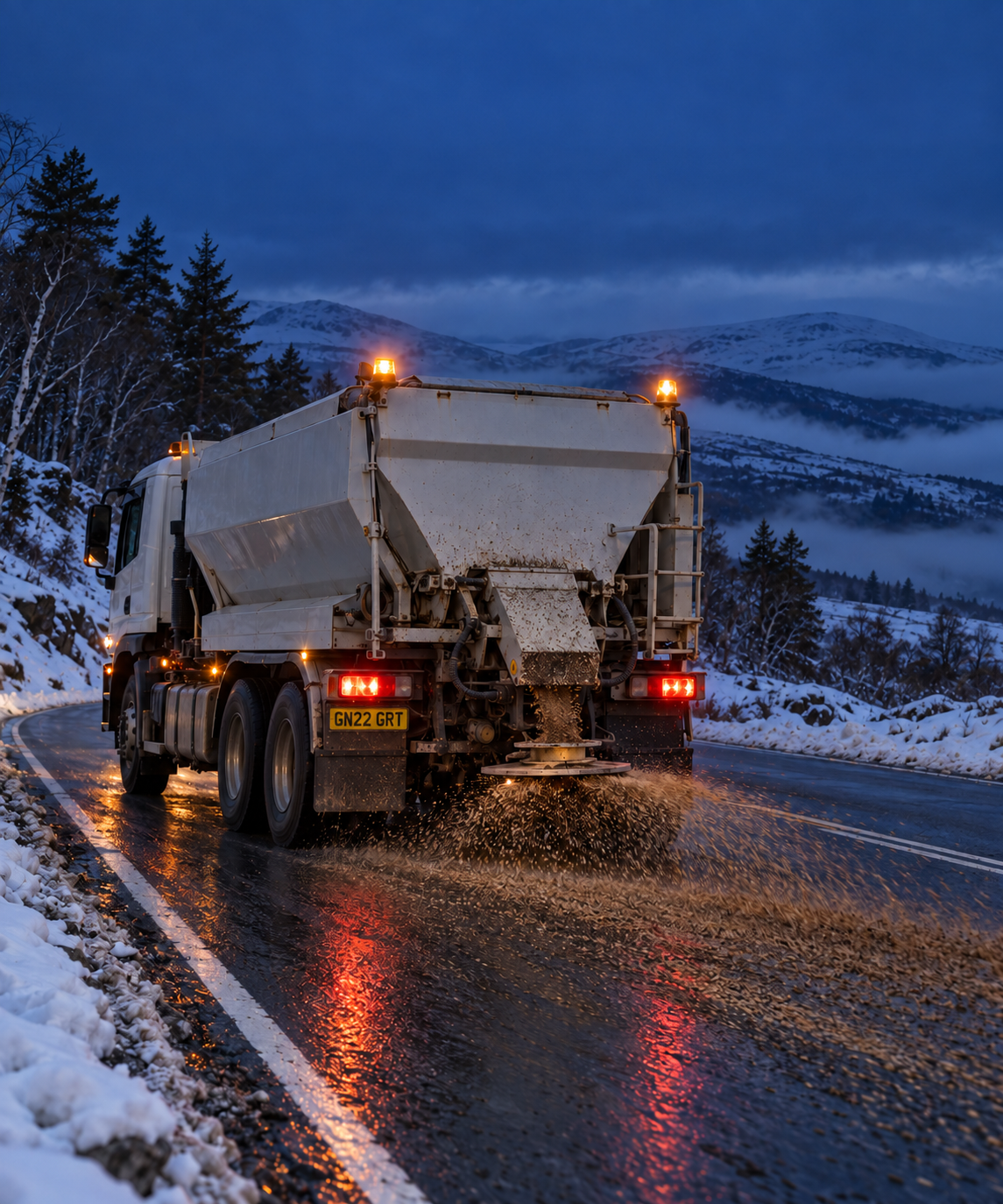 Photograph: a gritter on a treated road at dawn in winter. Dark and cool, room at the top, no text in the artwork.