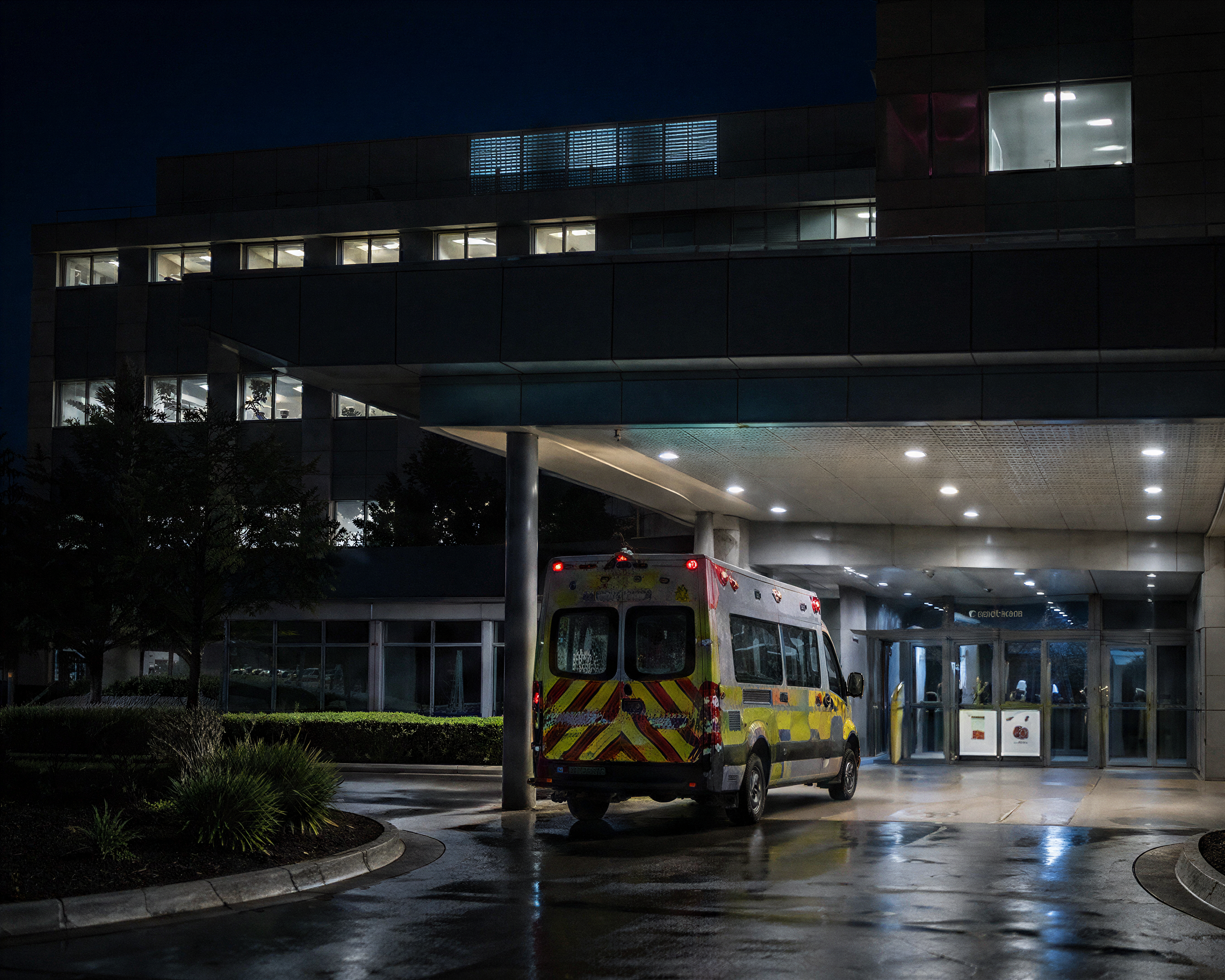 Photograph: a hospital service entrance at night, a vehicle at the bay. Dark and cool, no text in the artwork.