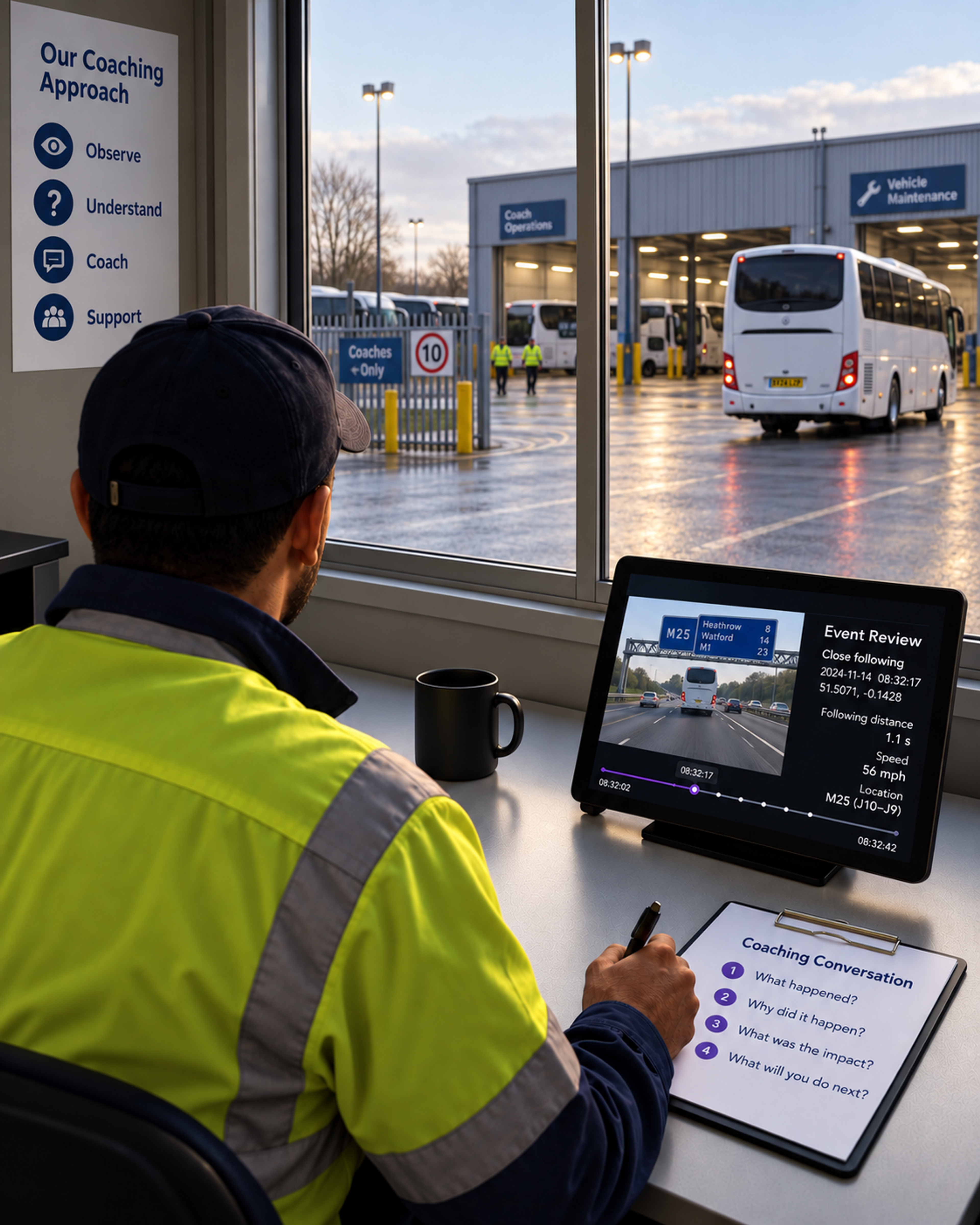 Photograph: a coach and a driver talking across a desk in a depot office. Portrait 3:4, dark and cool, room at the top for a heading, no text in the artwork.