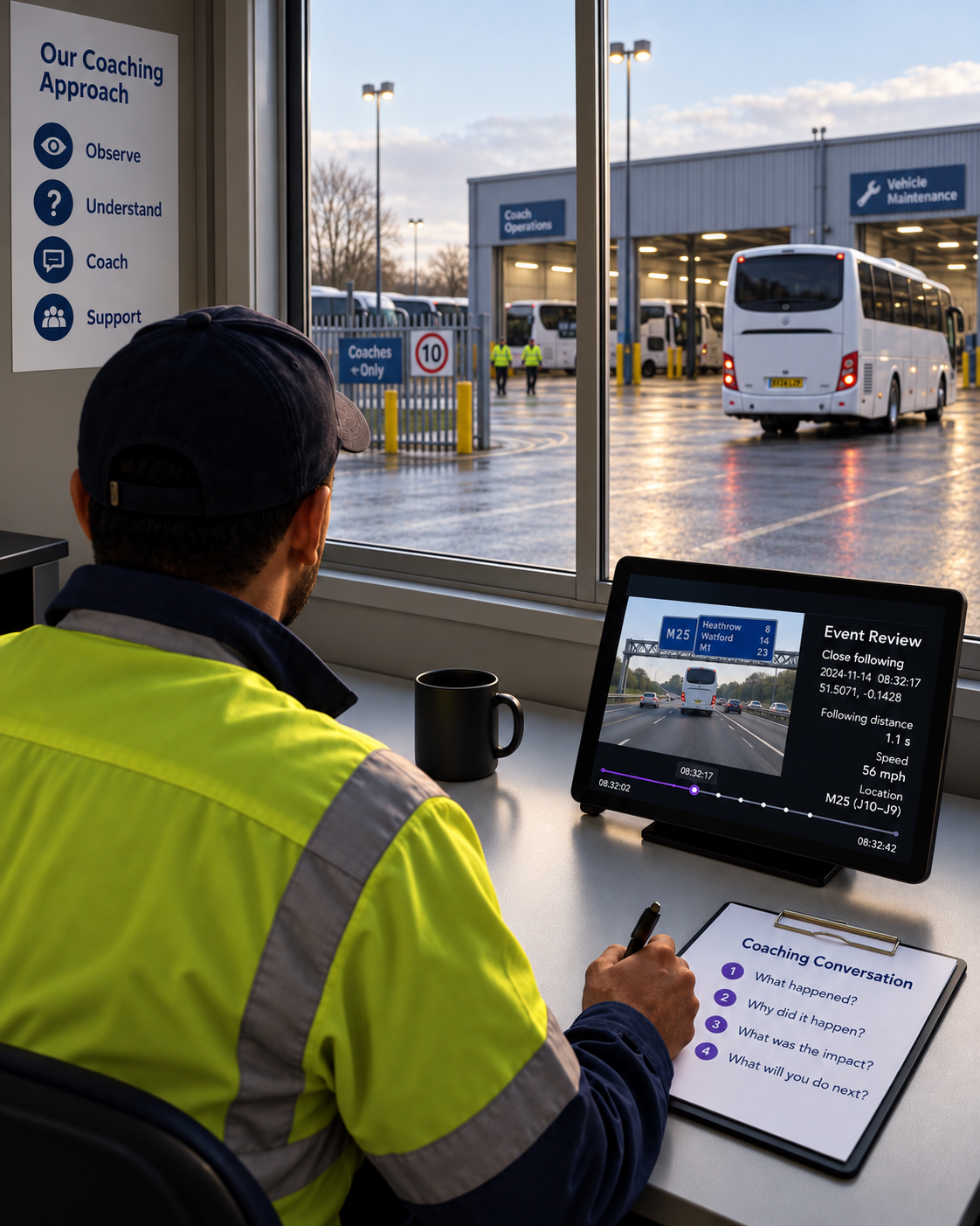 Photograph: a coach and a driver talking across a desk in a depot office. Portrait 3:4, dark and cool, room at the top for a heading, no text in the artwork.