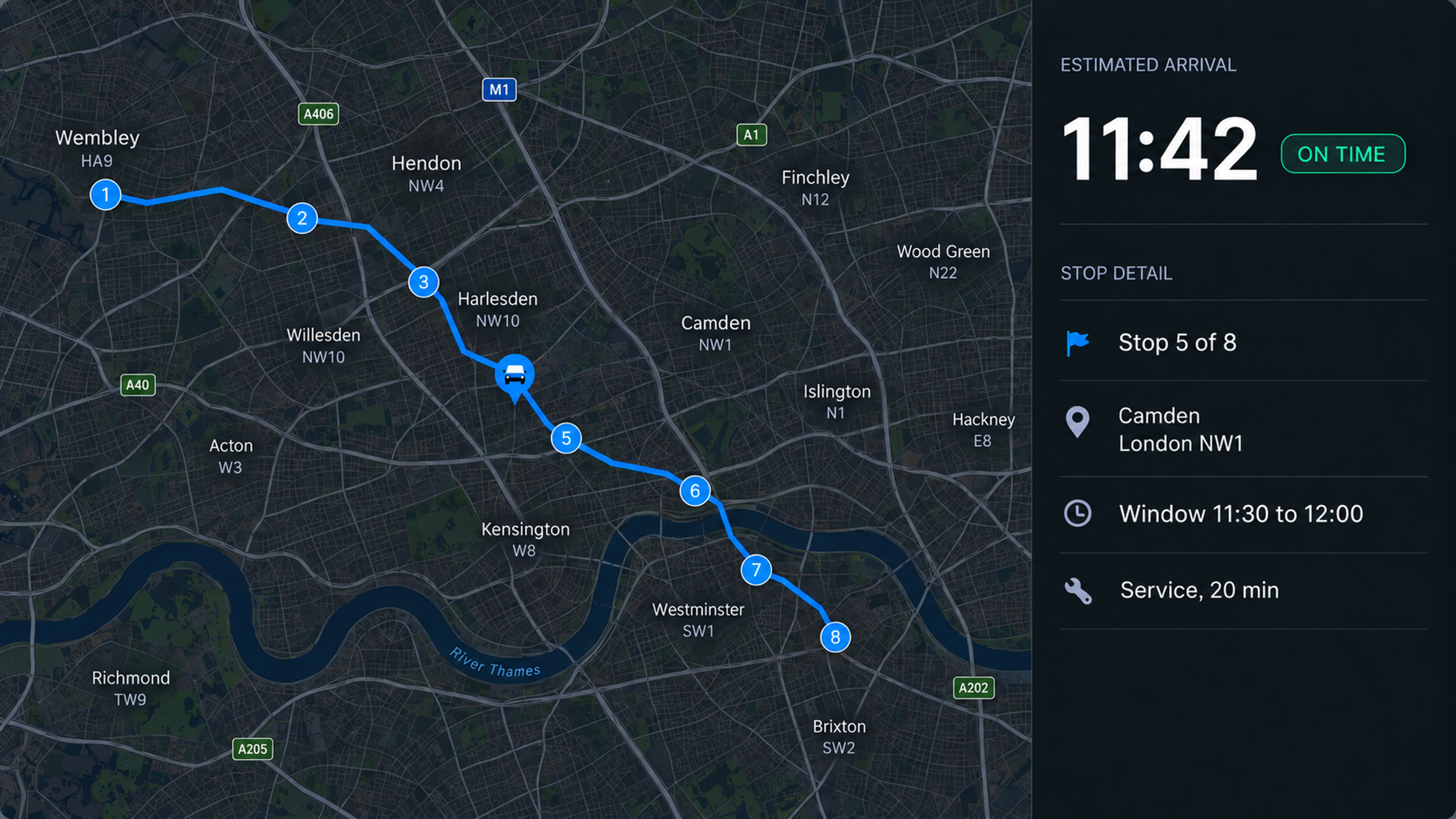 The live tracking view: the route on a map with the vehicle in progress, the estimated arrival and on-time state, and the stop detail beneath.