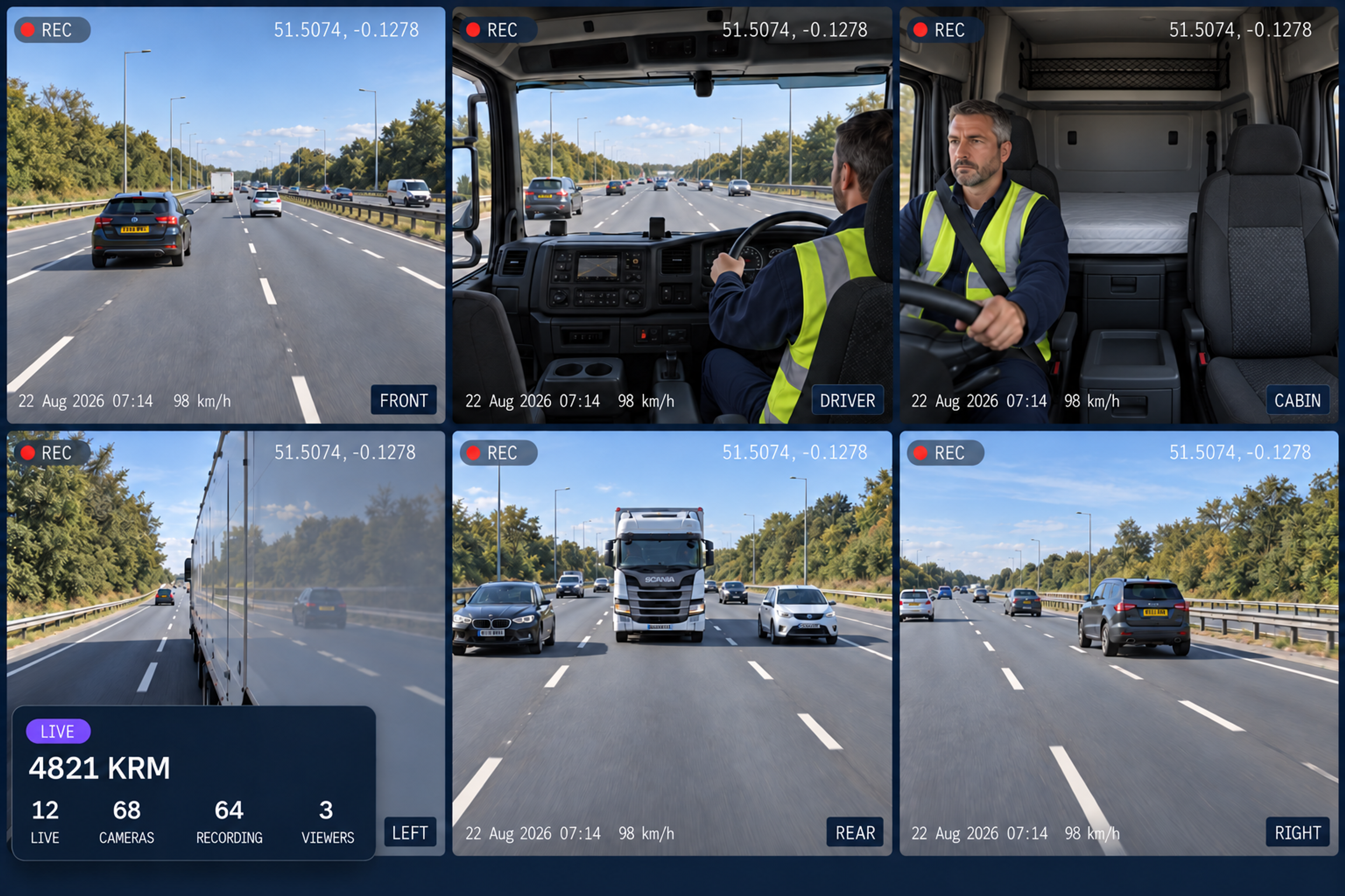 Vision360 live view: the fleet counters for live vehicles, online cameras, recording cameras, offline cameras and live viewers, above a six-up synchronised camera grid for one vehicle with front, driver, cabin, left, rear and right, and the vehicle details and system status panel beside it. 4:3, dark UI, 2000x1500.