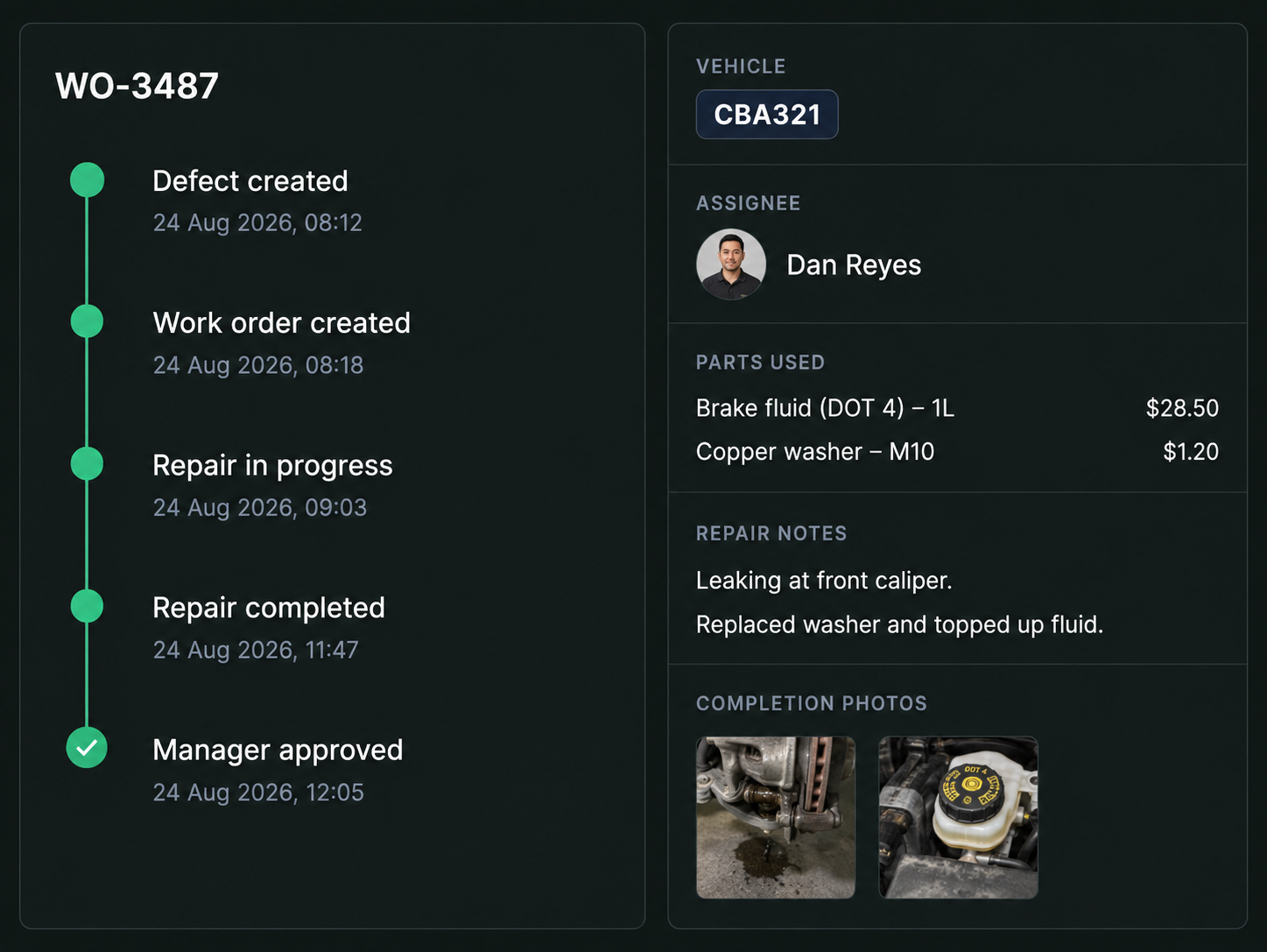 Drive360 repair timeline for work order WO-3487: defect created, work order created, repair in progress, repair completed and manager approved, beside a work order panel listing vehicle, assignee, parts used, repair notes and completion photos