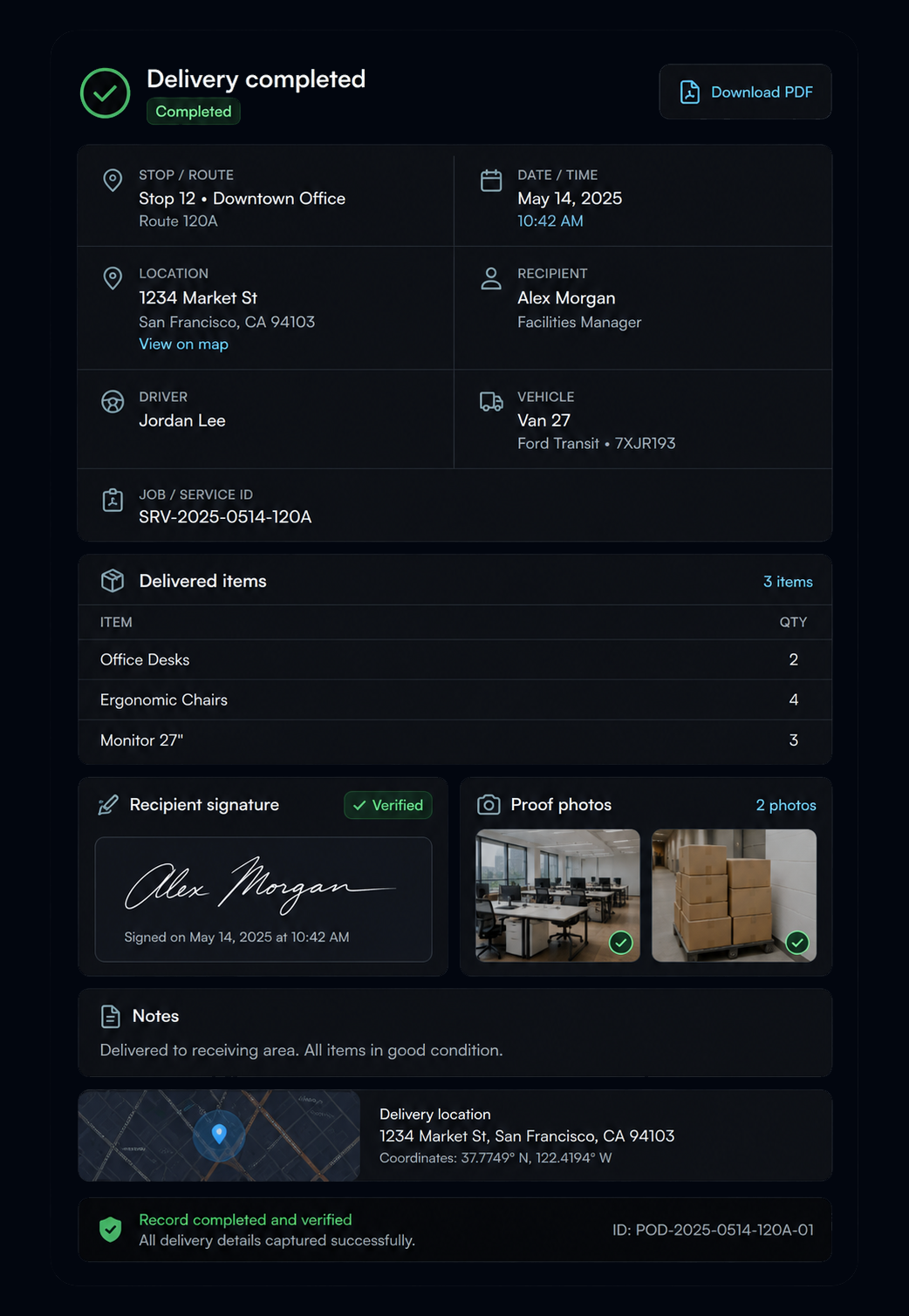 Completed proof record: stop, date and time, location, recipient, driver and vehicle beside the item list, signature and photo. Portrait, 9:13 crop.