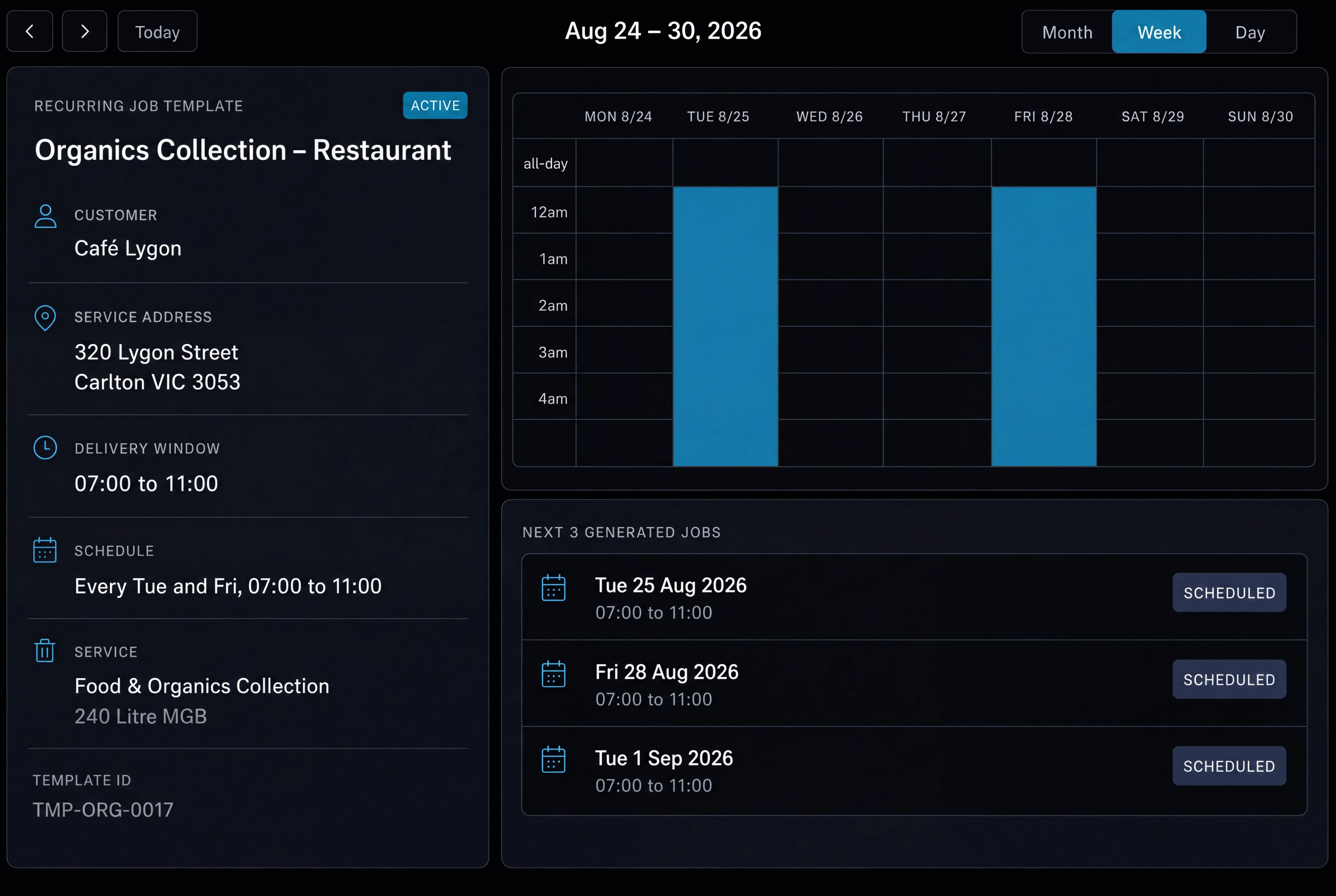 Recurring job template with its schedule and generated occurrences. 16:9, dark UI.