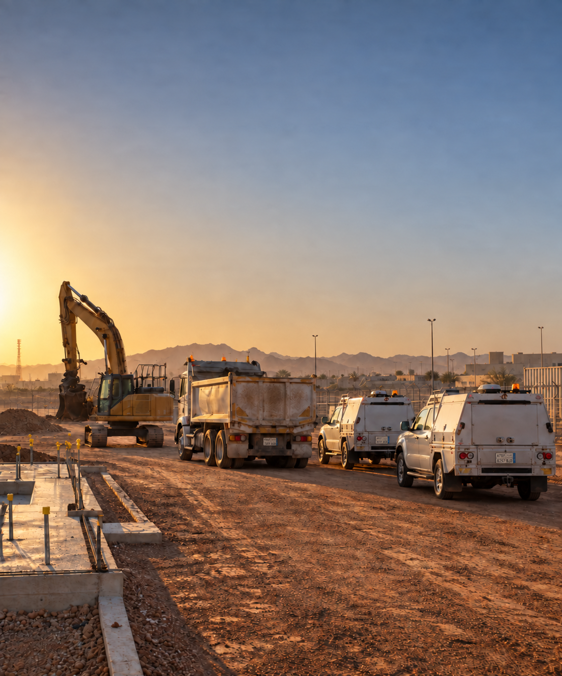 Photograph: a site fleet on a working construction site at first light. Dark and cool, room at the top, no text in the artwork.