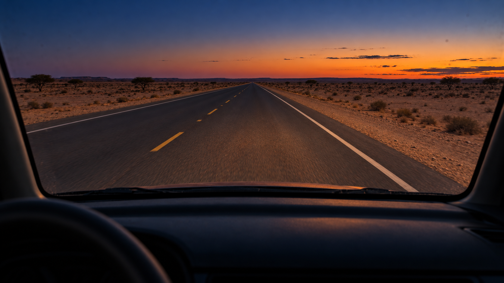 Editorial image: a remote road at dusk seen through a windscreen. No text in the artwork.