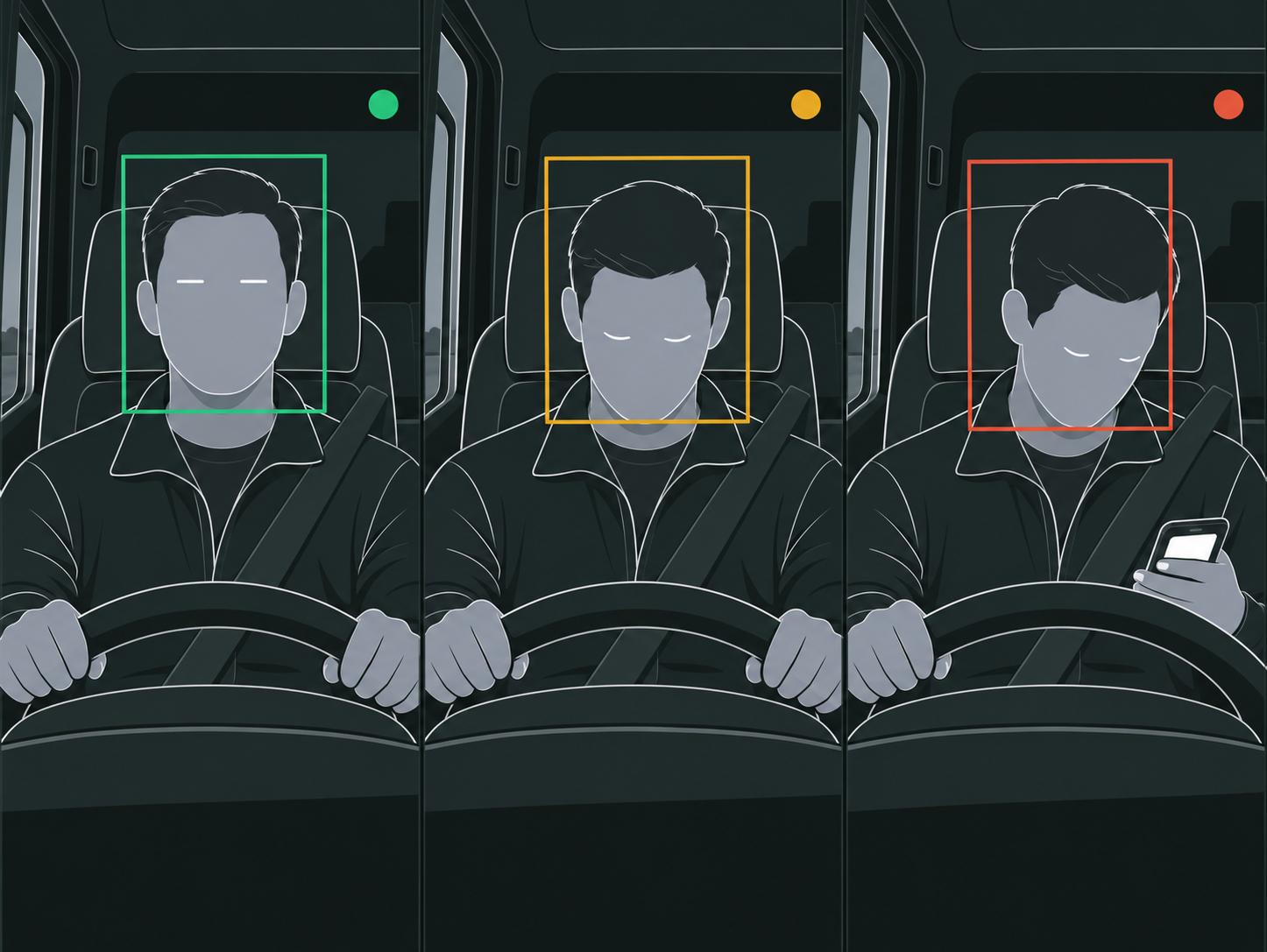 Three detection states side by side: eyes on the road, eyes closed, and eyes down at a handset