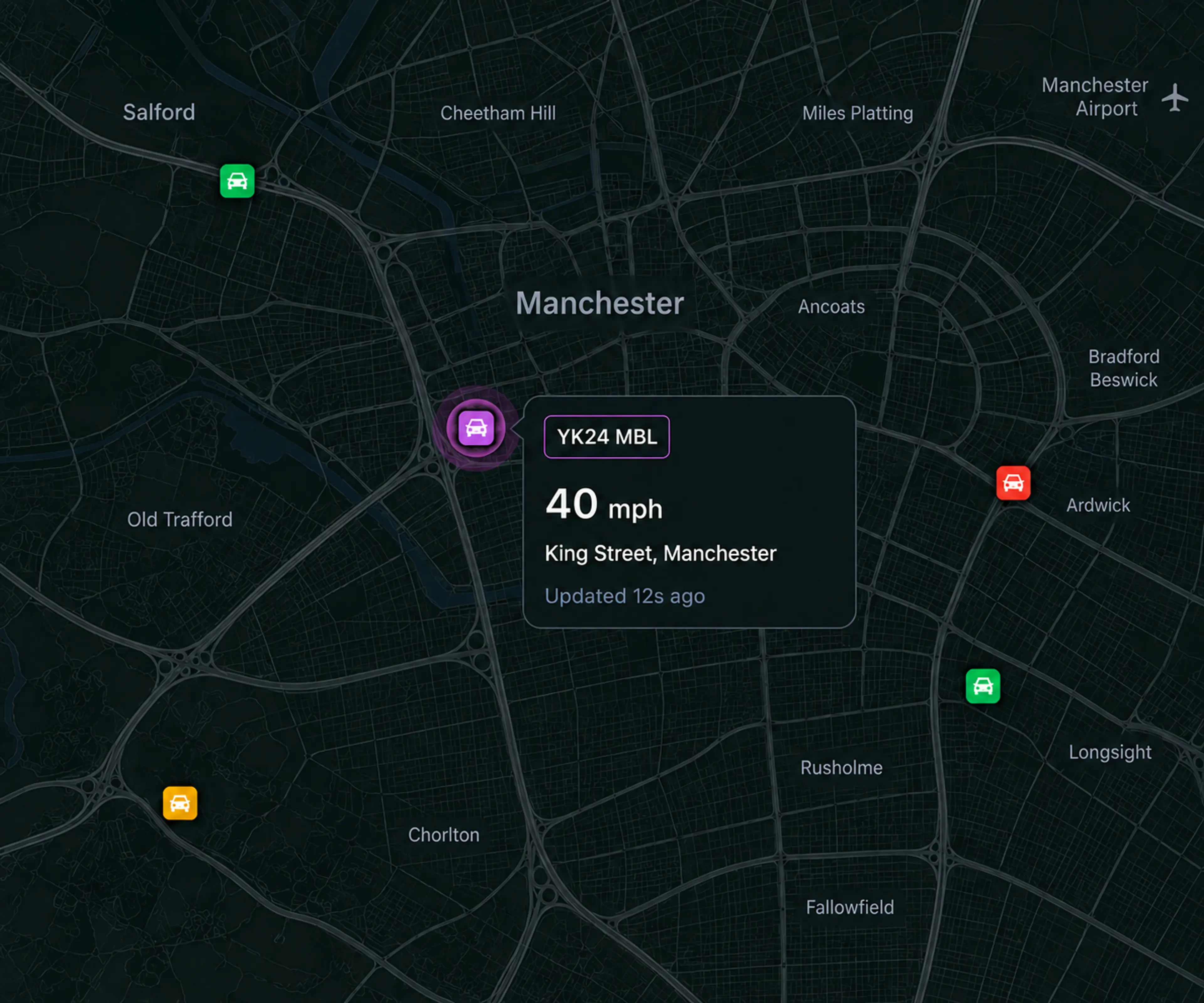 Vision360 live map with a selected vehicle and its location card showing speed, street and time since last update.