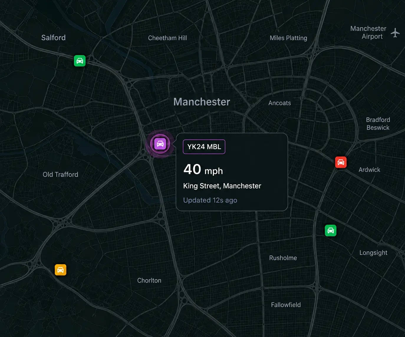 Vision360 live map with a selected vehicle and its location card showing speed, street and time since last update.