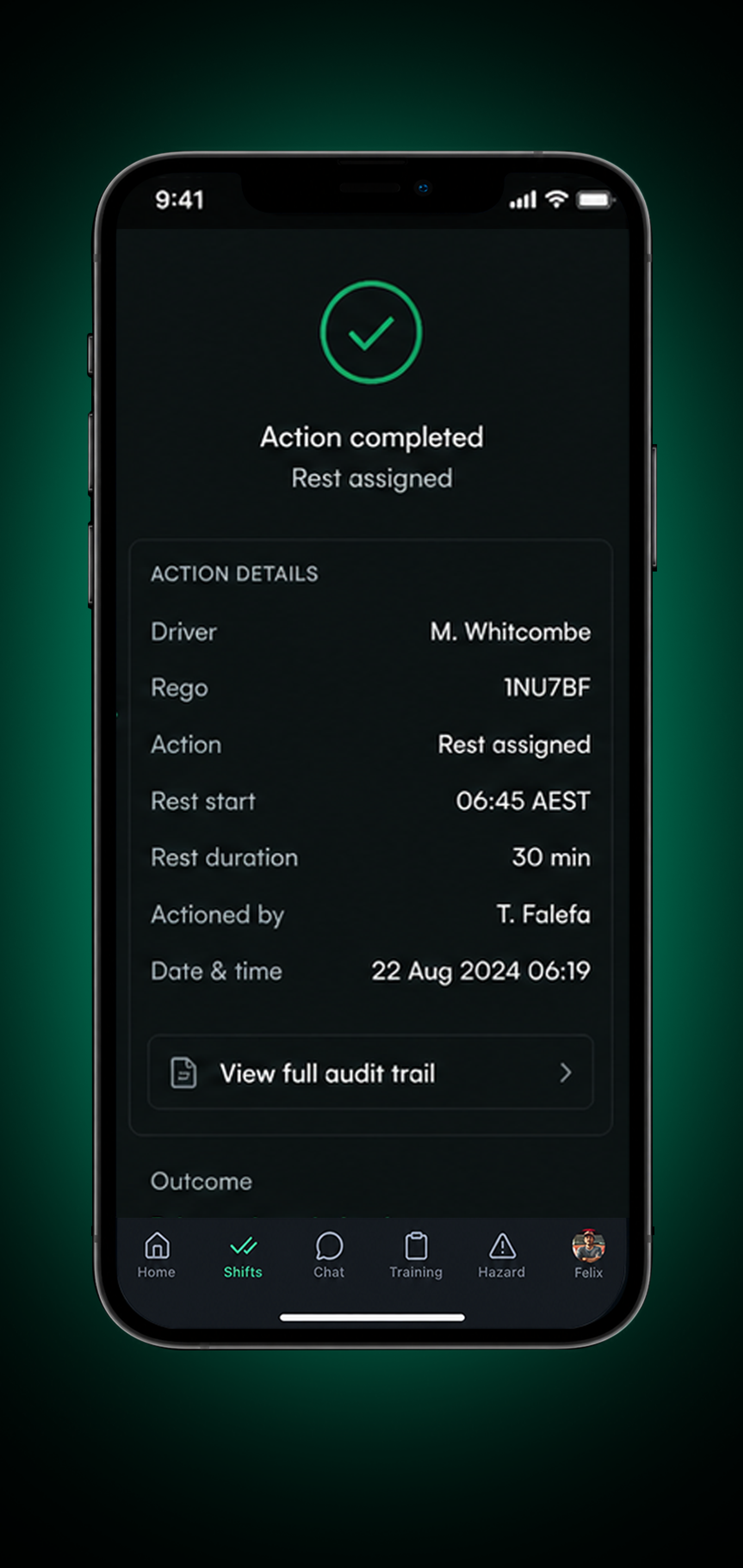 Drive360 app: intervention recorded with time and date