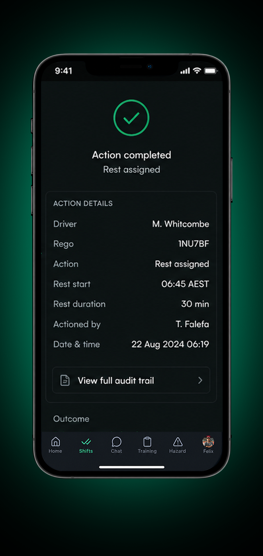 Drive360 app: intervention recorded with time and date