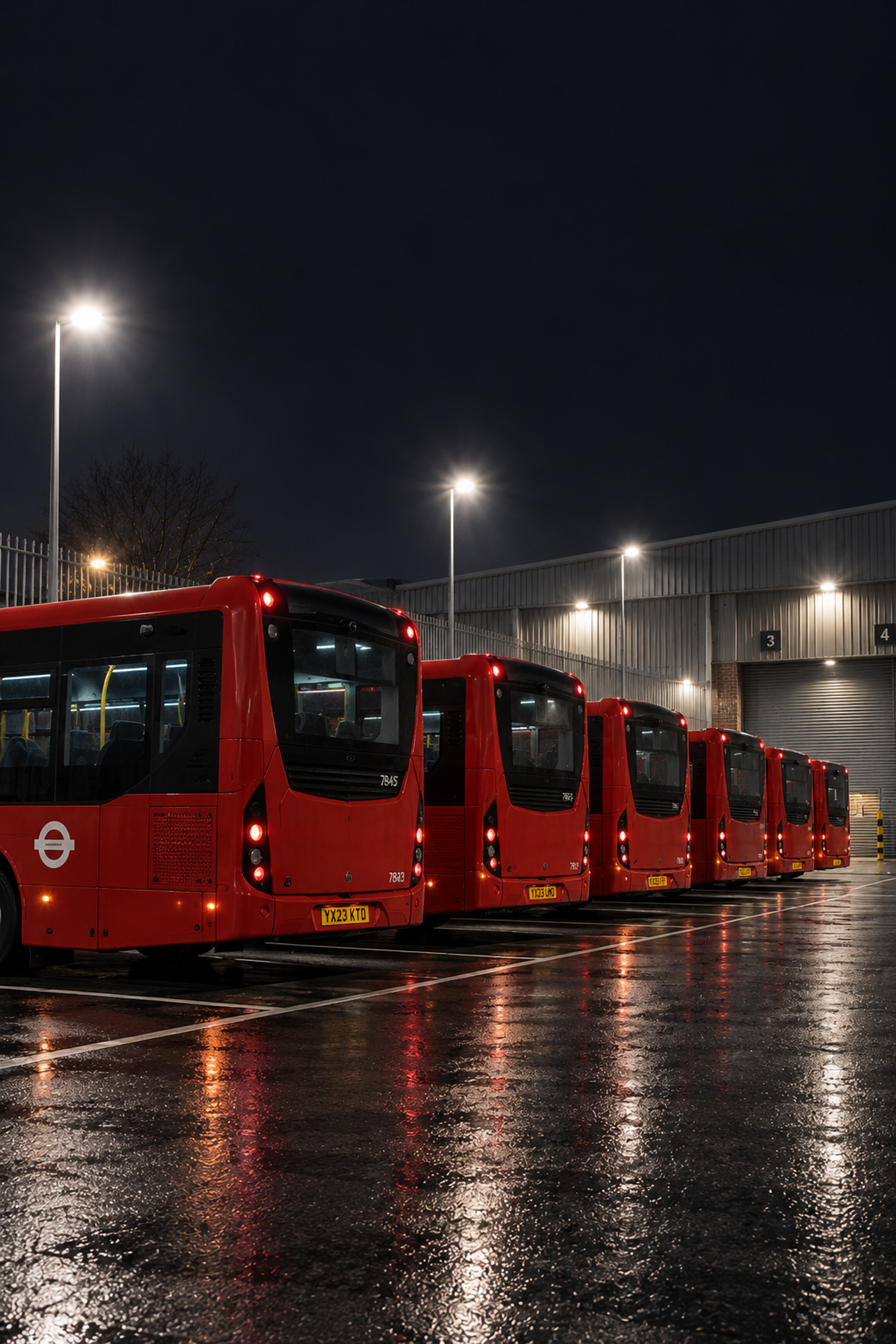 Photograph: a coach depot at night, vehicles lined up and lit from above. Dark and cool, room at the top, no text in the artwork.