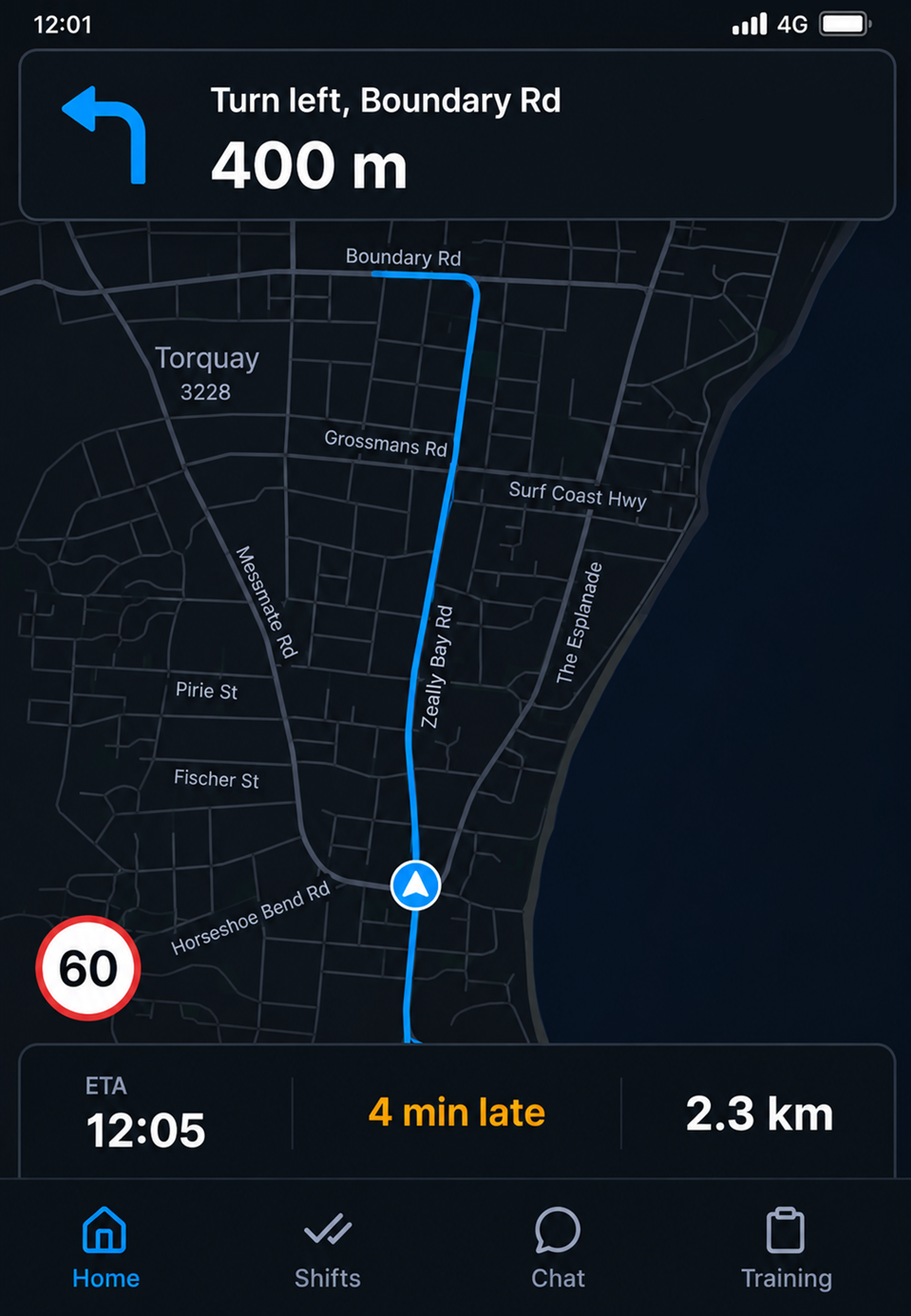 Driver app navigation: the next instruction banner over the map, with the ETA, delay and distance-to-stop strip and the speed limit below. Portrait handset, 9:13 crop.