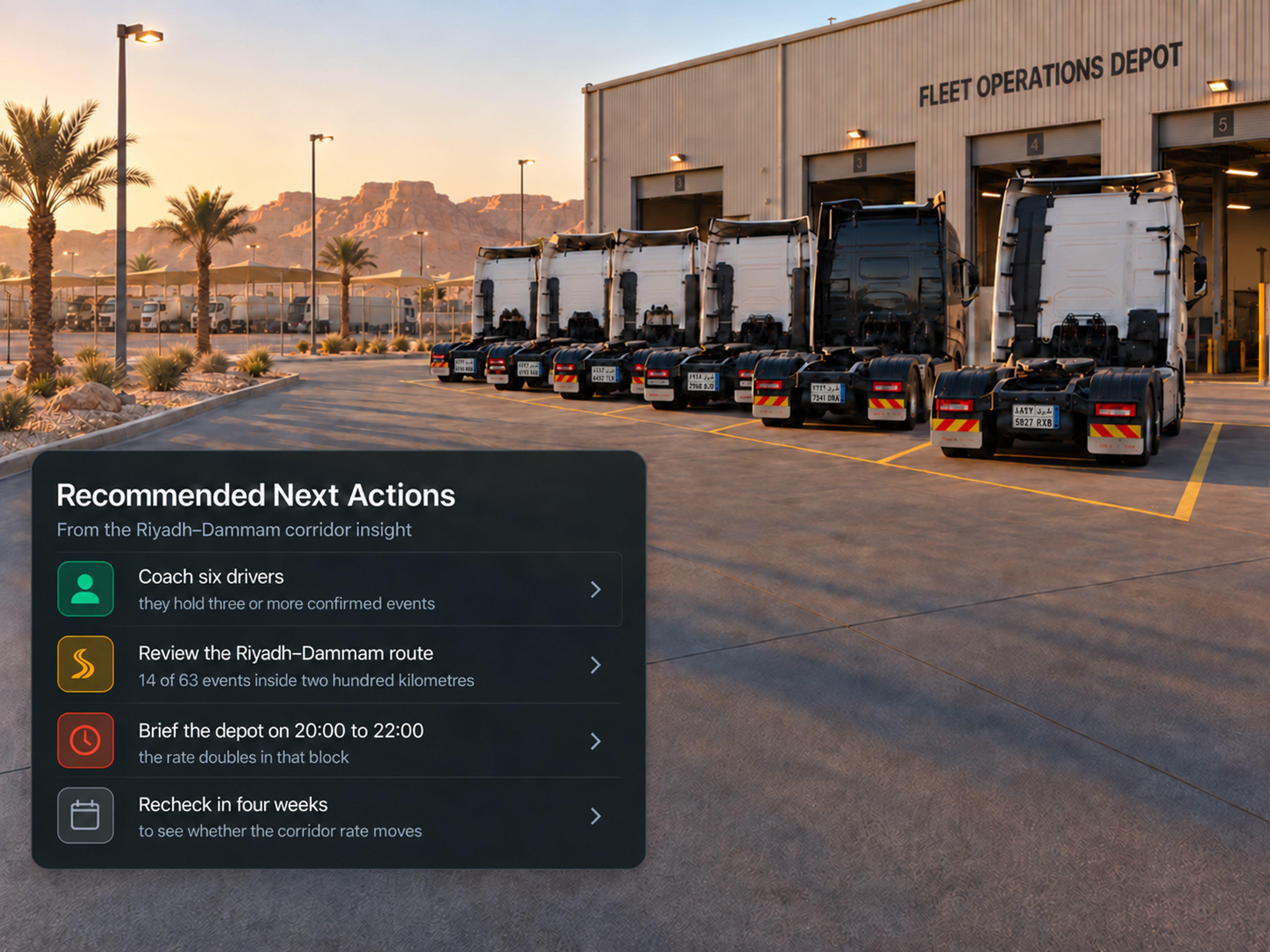 Recommended next actions list with four actions, each with its own explanatory line. 4:3, dark UI.
