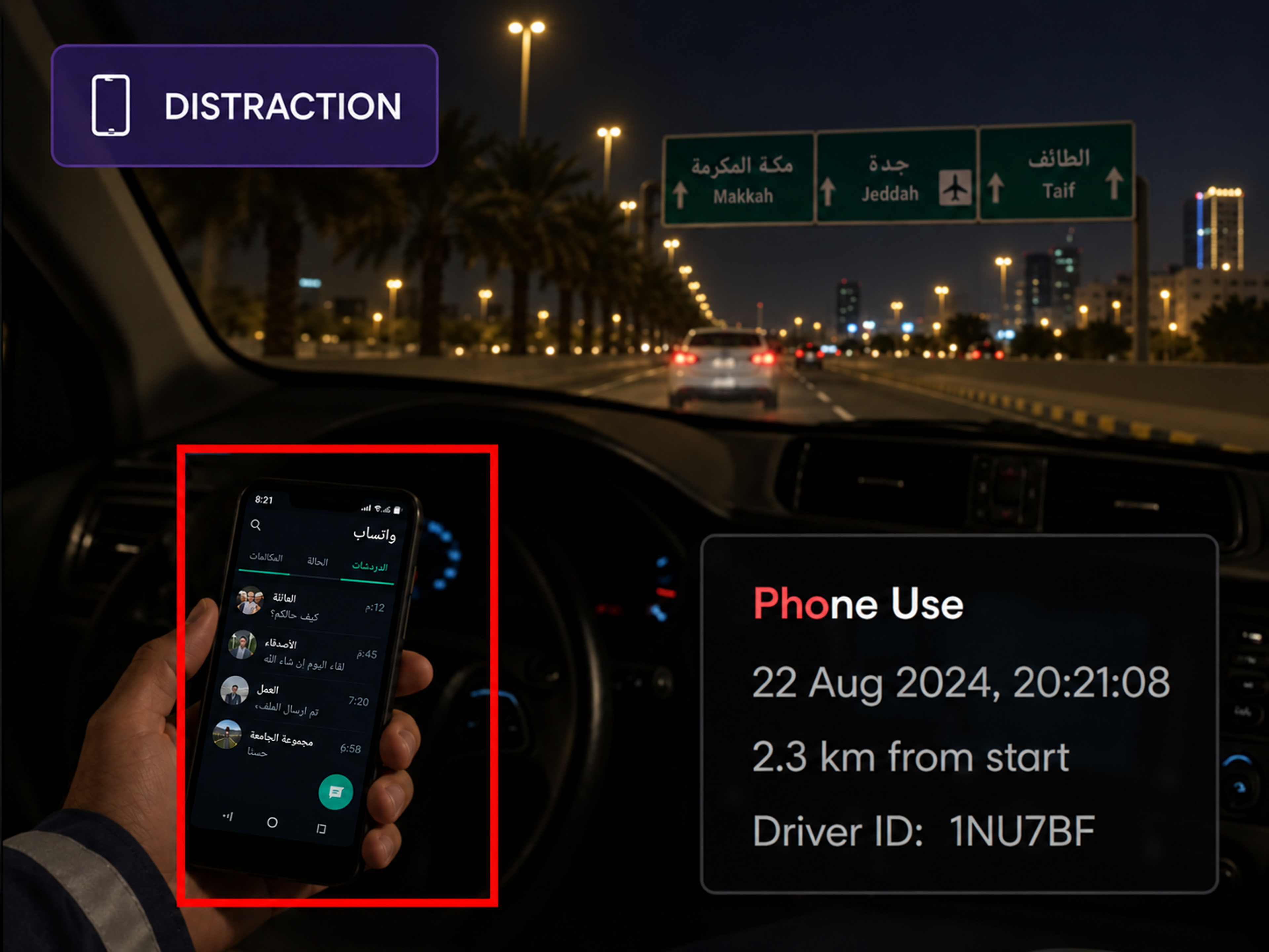 Vision360 distraction detection: a frame flagged for phone use with the event detail beside it.