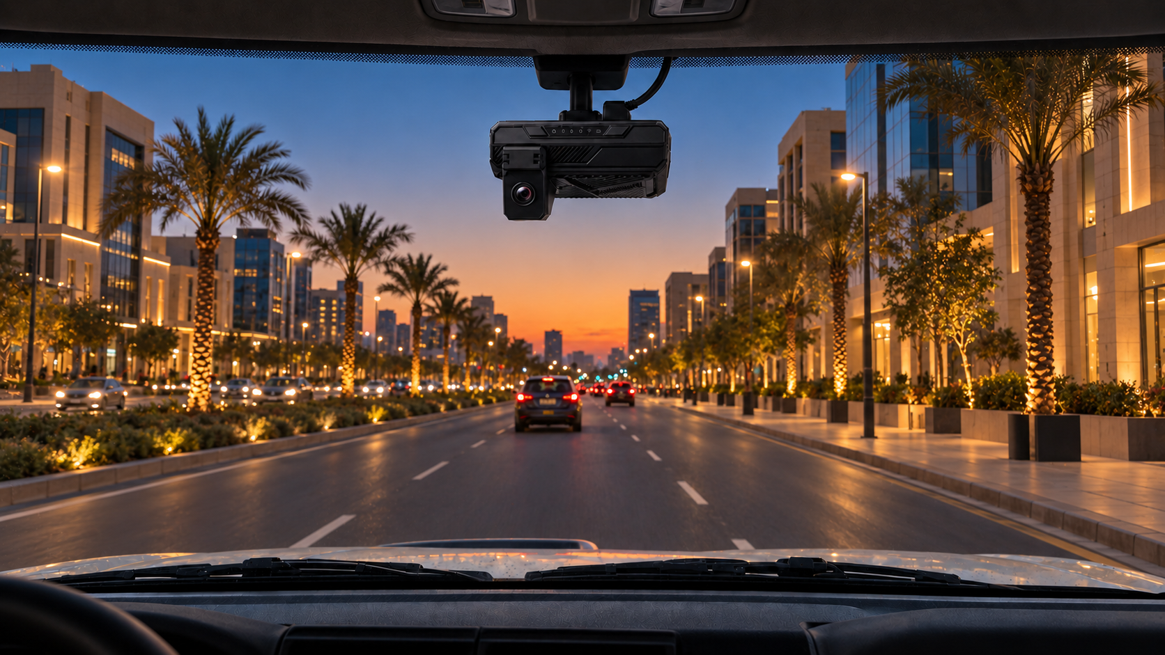 Driver-facing AI camera mounted at the top of a truck windscreen, the road ahead at dusk