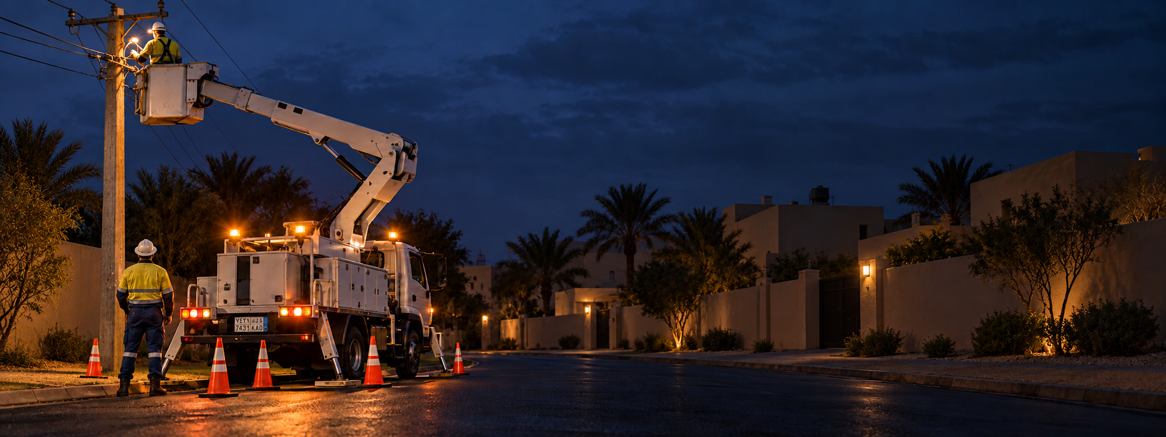 An elevated work platform truck at a utility pole in a suburban street, technician in the basket and a second on the ground. No visible manufacturer badges. Dark and cool enough for a panel to sit over the right third. No text in the artwork. 2400x900.