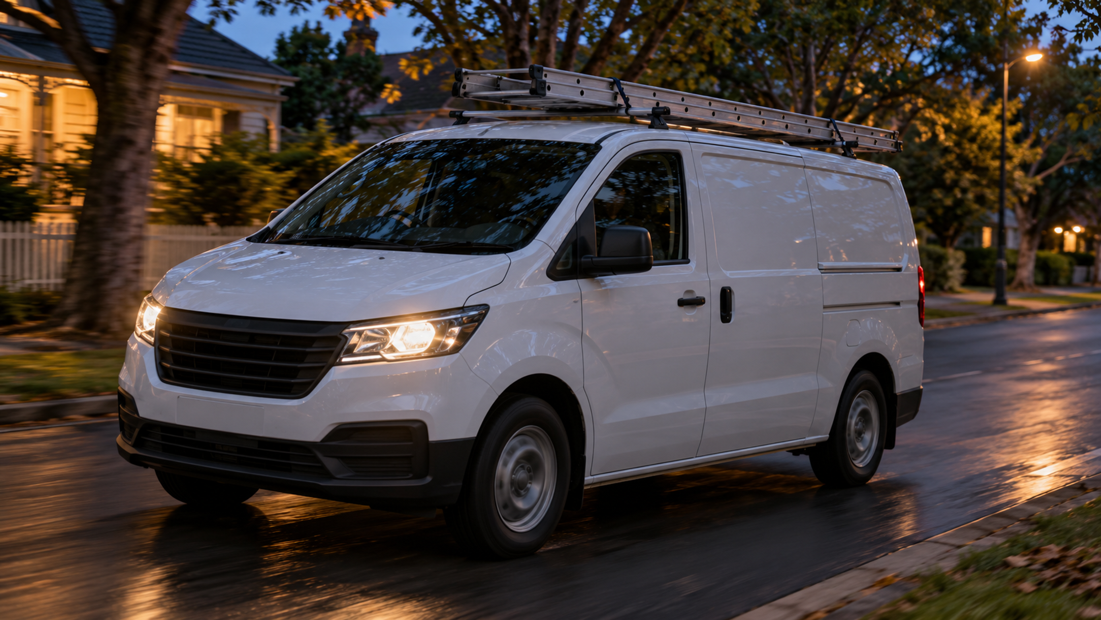 Editorial image: a service van on a suburban street at dusk. No text in the artwork.