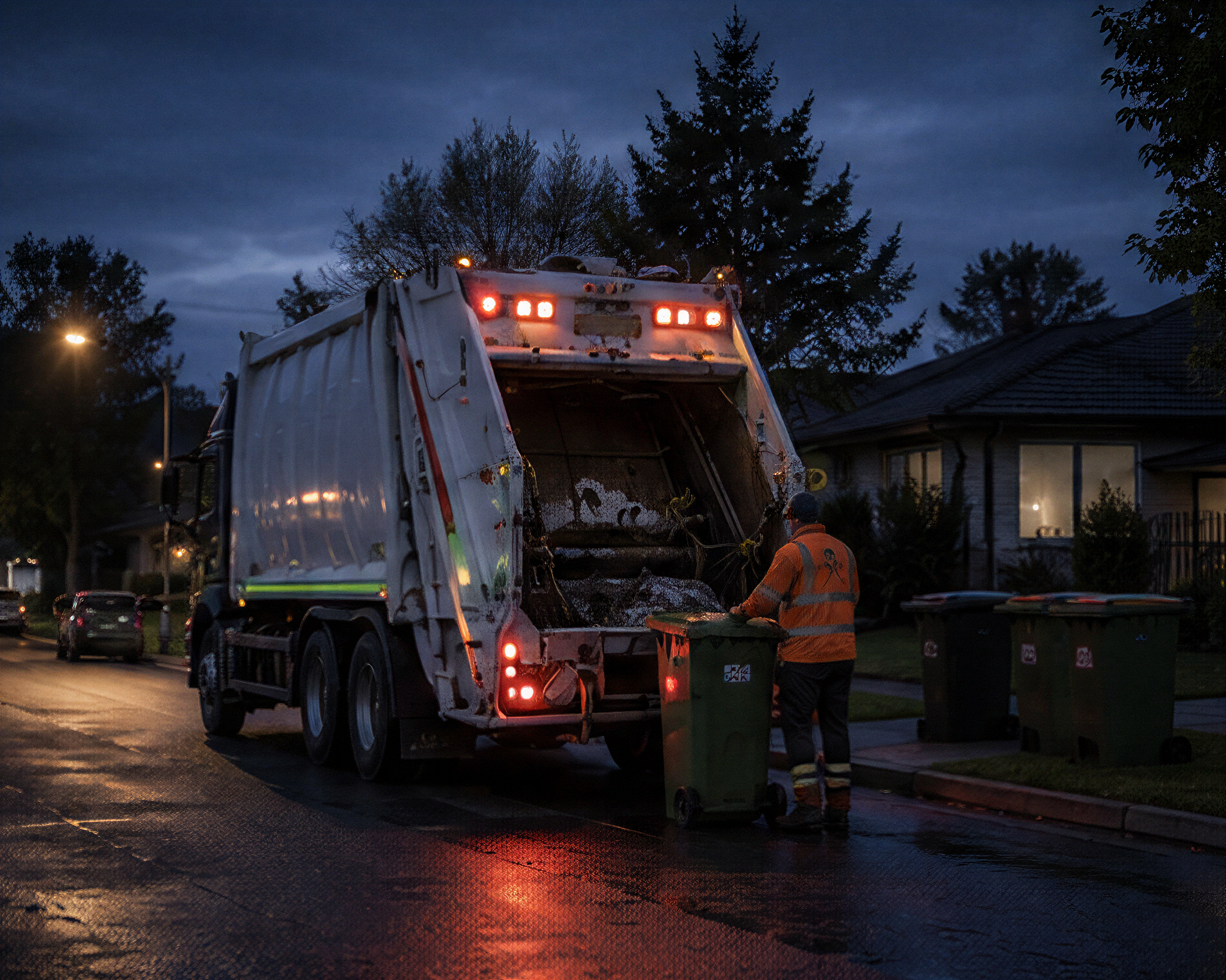 Photograph: a waste collection vehicle on a residential round early morning. Dark and cool, no text in the artwork.