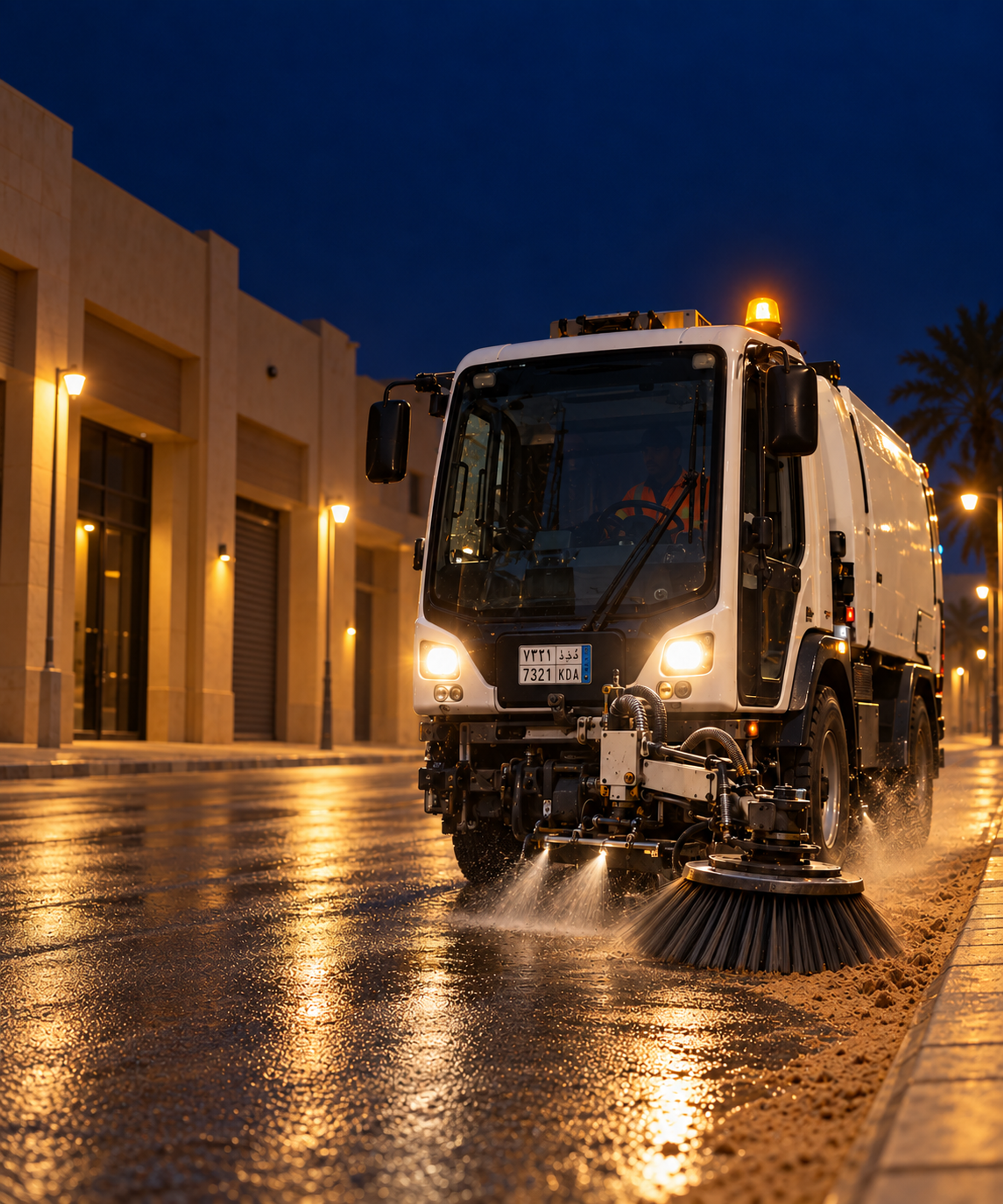 Photograph: a street sweeper on a city street at first light. Dark and cool, room at the top, no text in the artwork.
