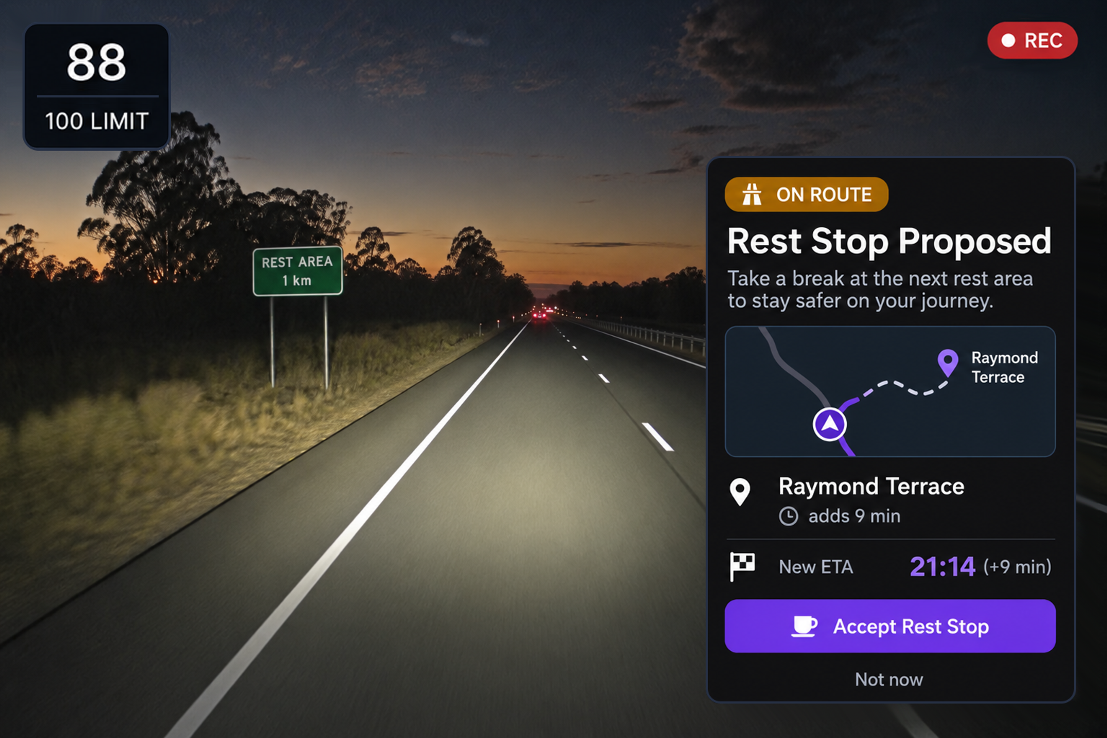 Safe rest stop example: the five-step checklist beside a map showing the diversion to a rest location and the estimated additional time. 4:3, dark UI.