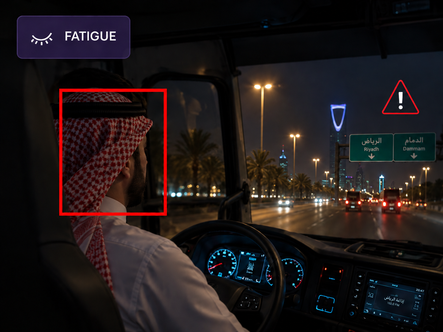 Vision360 fatigue detection: driver-facing frame with the fatigue indicators and the alert raised.