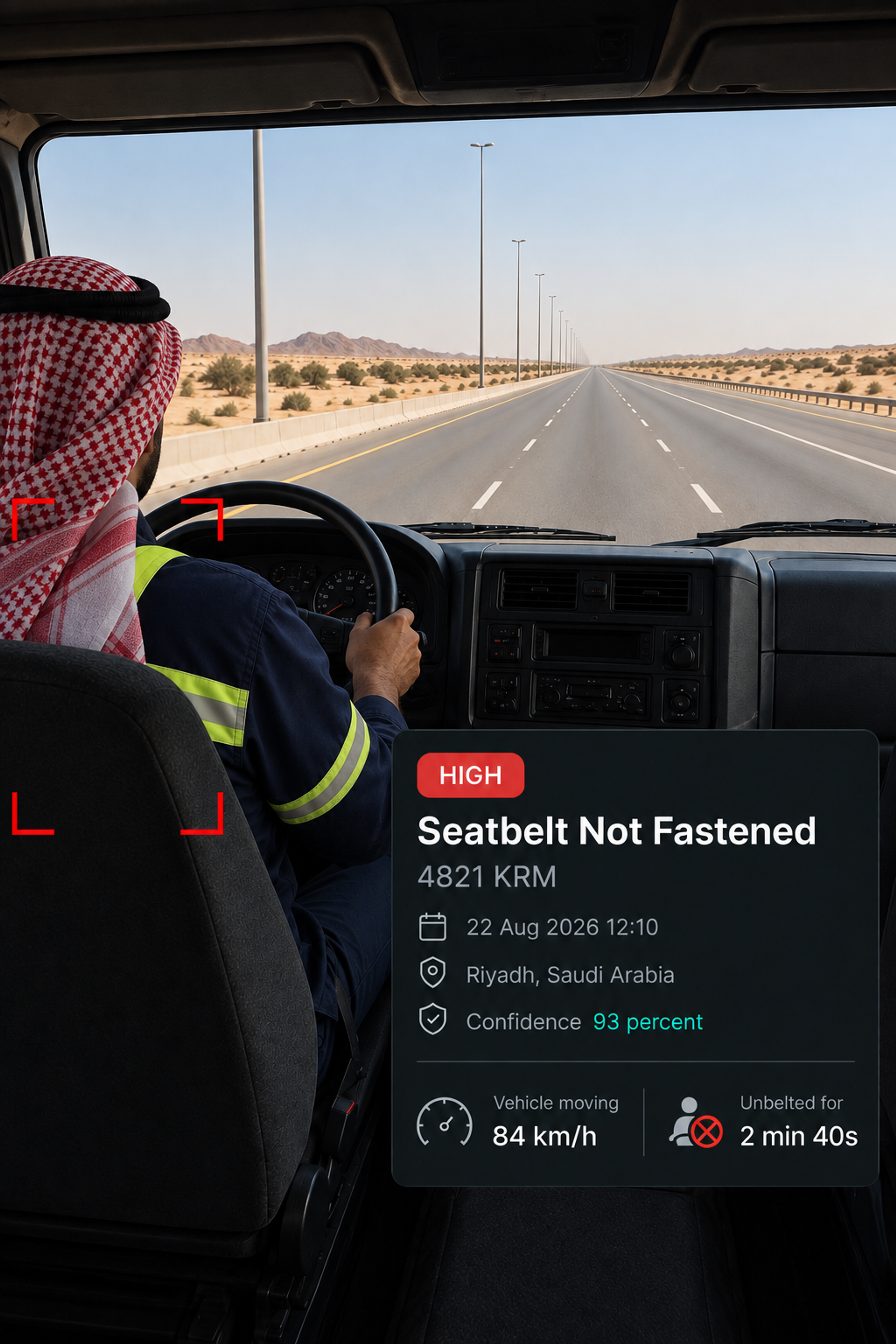 Photograph: a fastened seatbelt buckle in a truck cab, close crop. Portrait 3:4, dark and cool, room at the top for a heading, no text in the artwork.