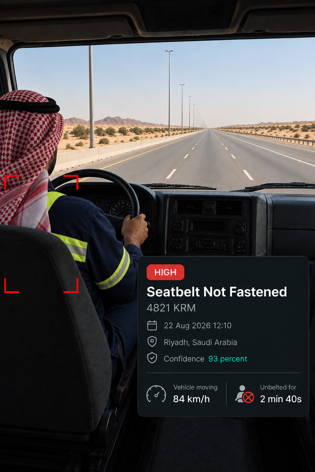 Photograph: a fastened seatbelt buckle in a truck cab, close crop. Portrait 3:4, dark and cool, room at the top for a heading, no text in the artwork.