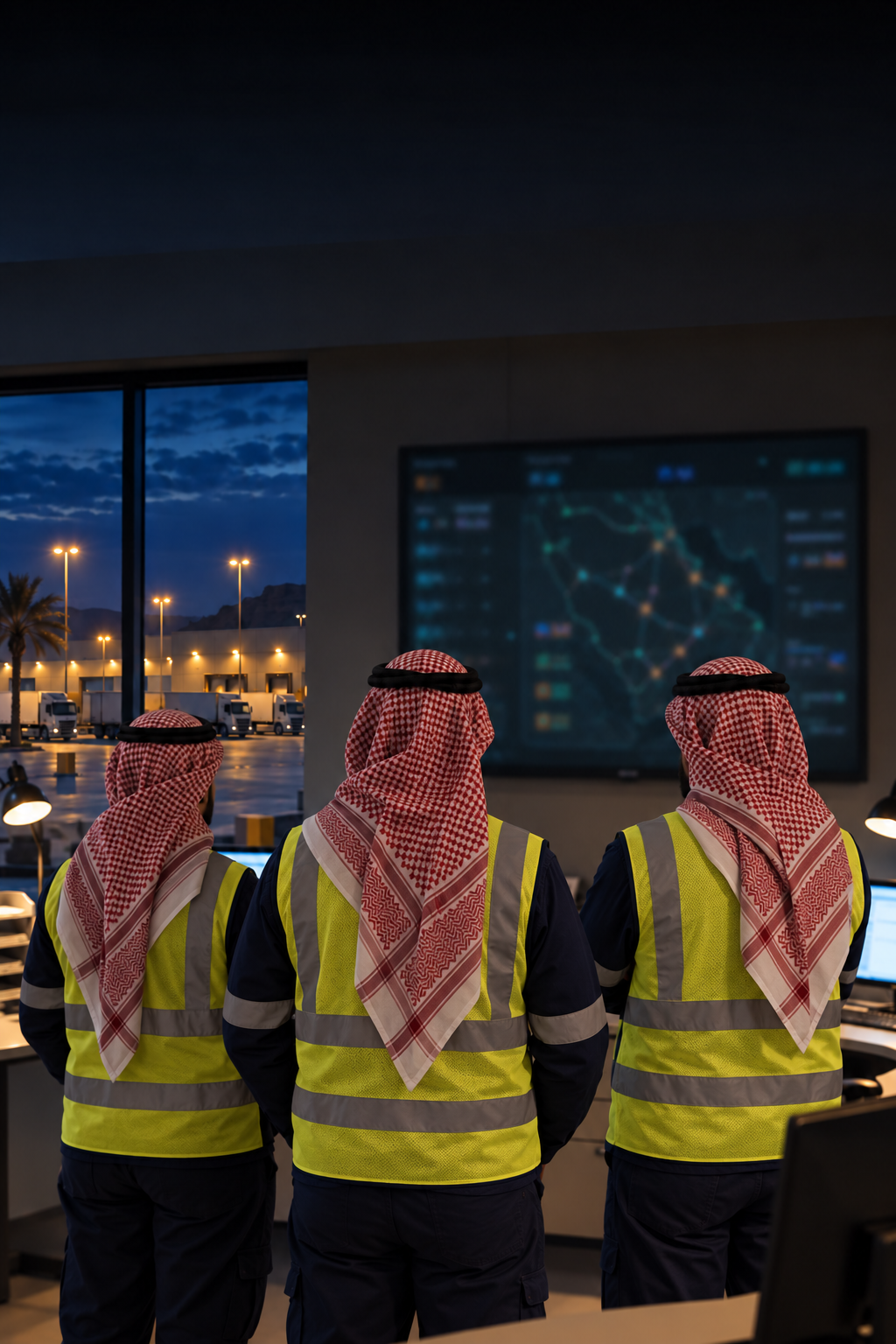 Photograph: an operations team around a screen in a depot office. Dark and cool, room at the top, no text in the artwork.