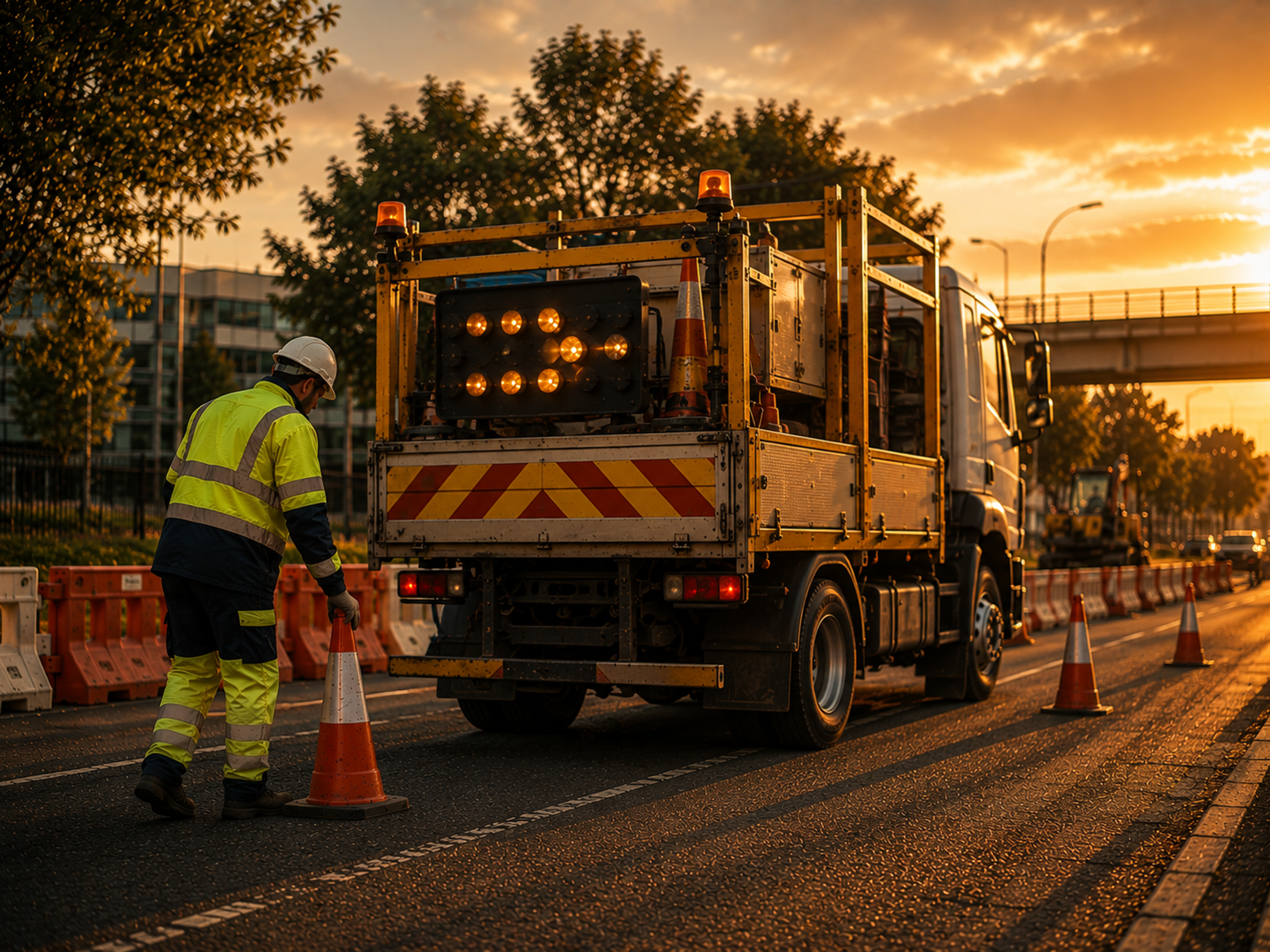 Road maintenance crew placing cones beside a council truck at sunset