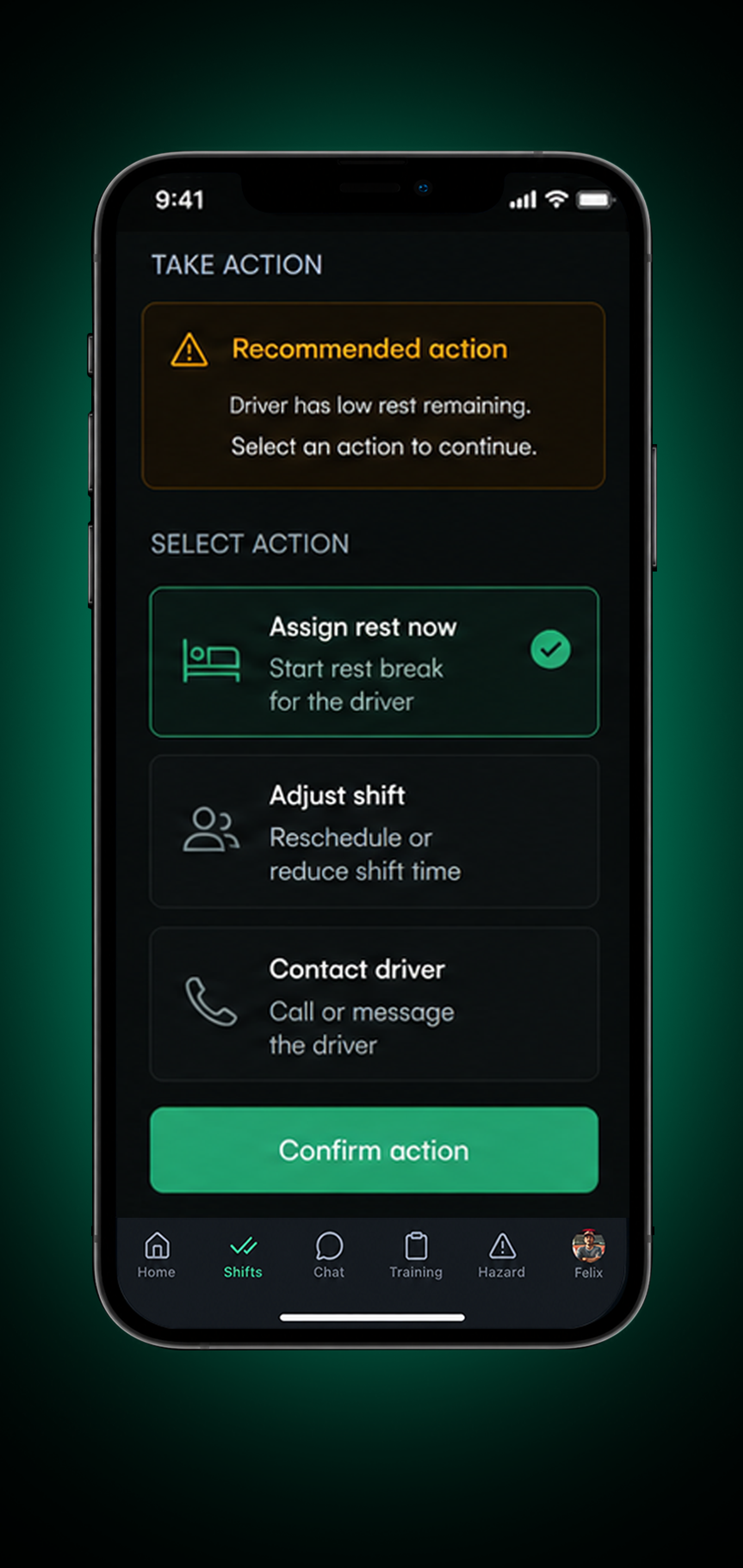 Drive360 app: manager review with assign rest, reassign shift and contact driver