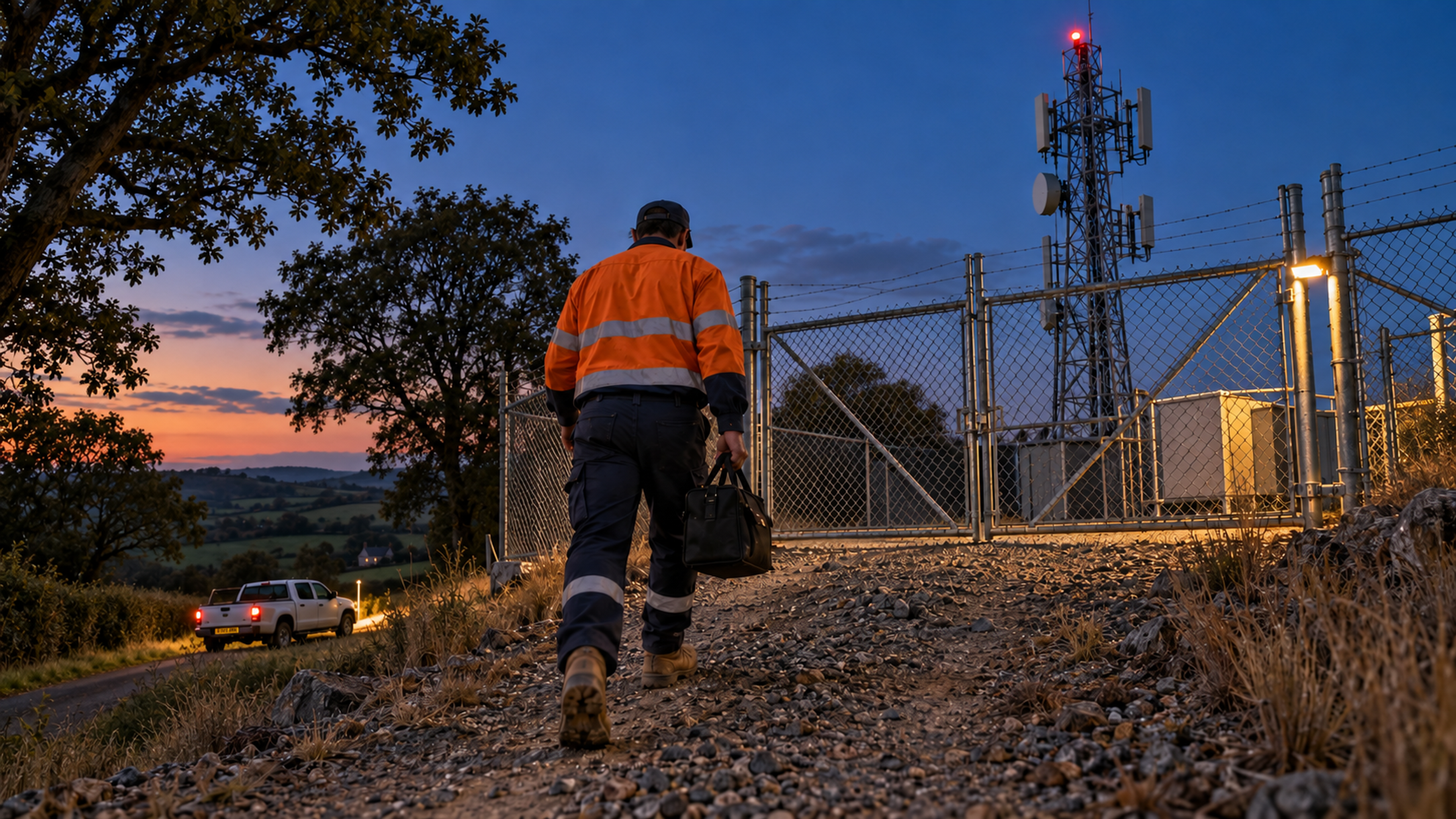 Editorial image: a technician at a remote site at dusk. No text in the artwork.