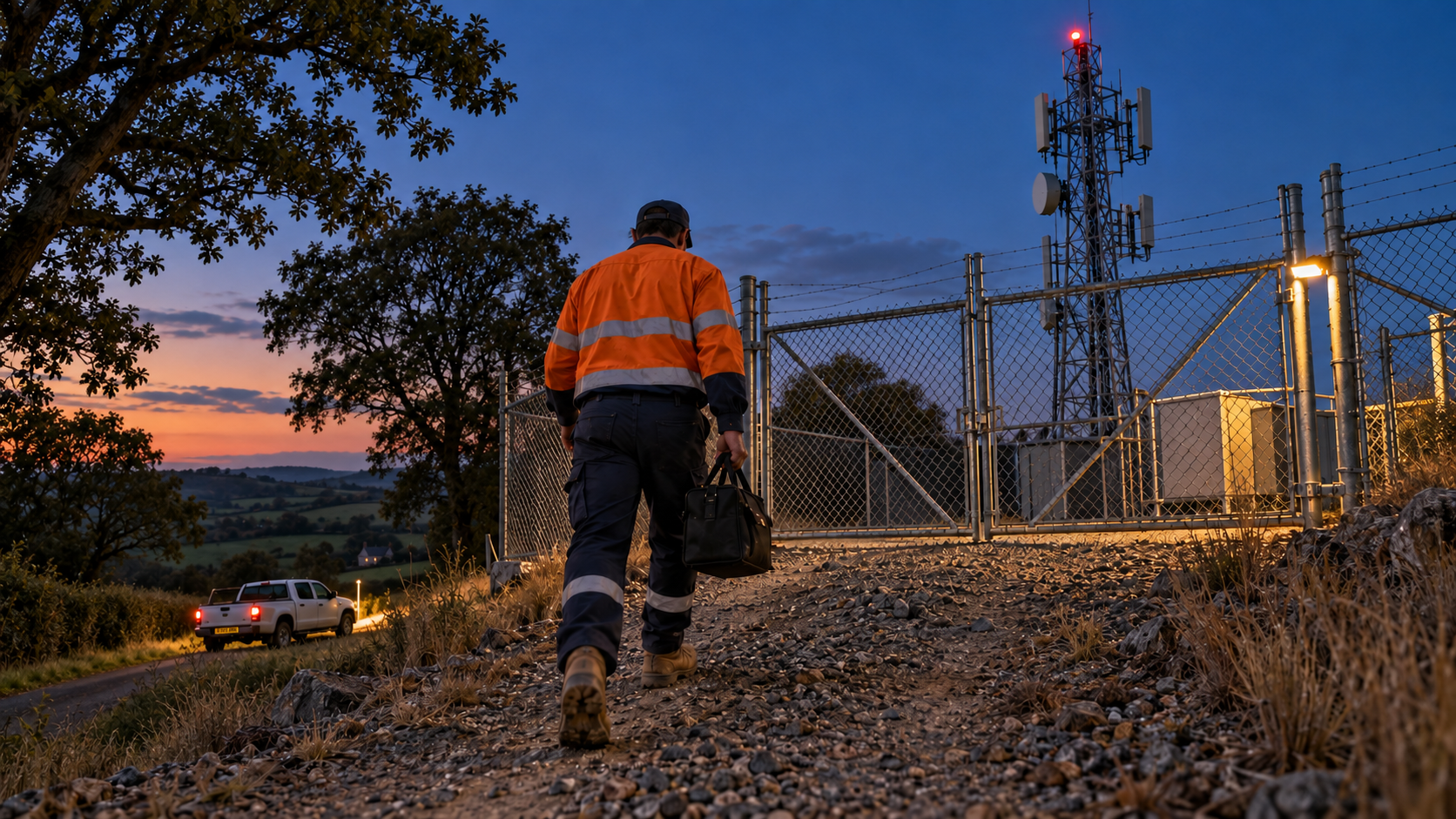 Editorial image: a technician at a remote site at dusk. No text in the artwork.