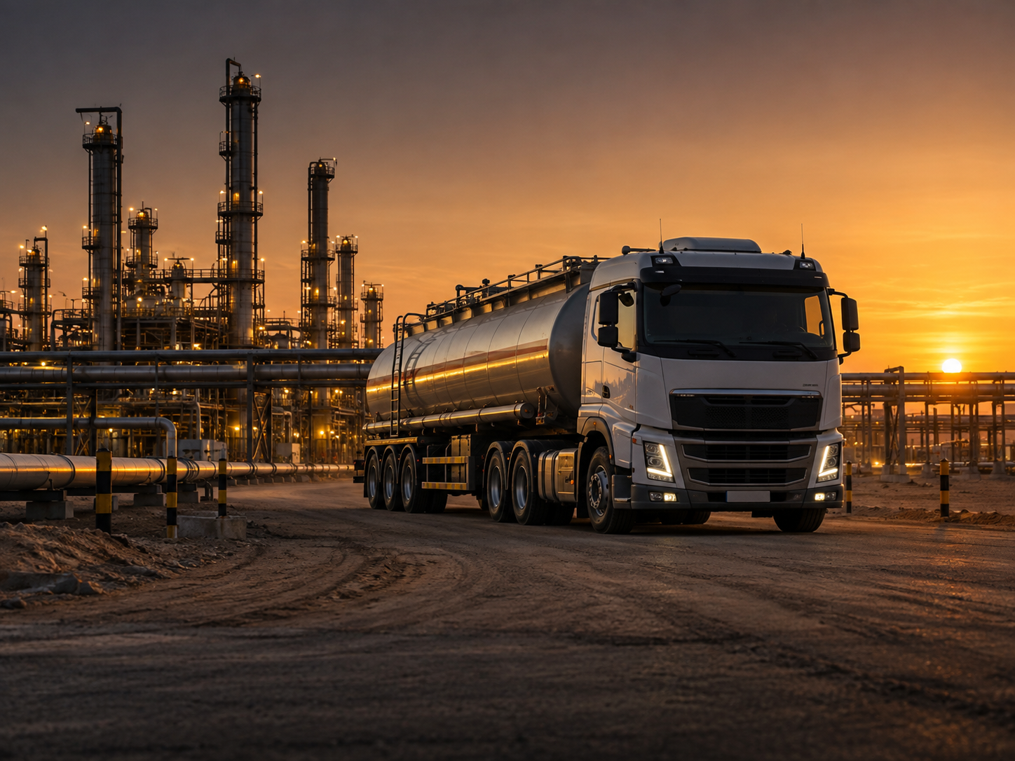 A fuel tanker on a haul road beside a refinery at sunset, pipework and flare stacks behind it.
