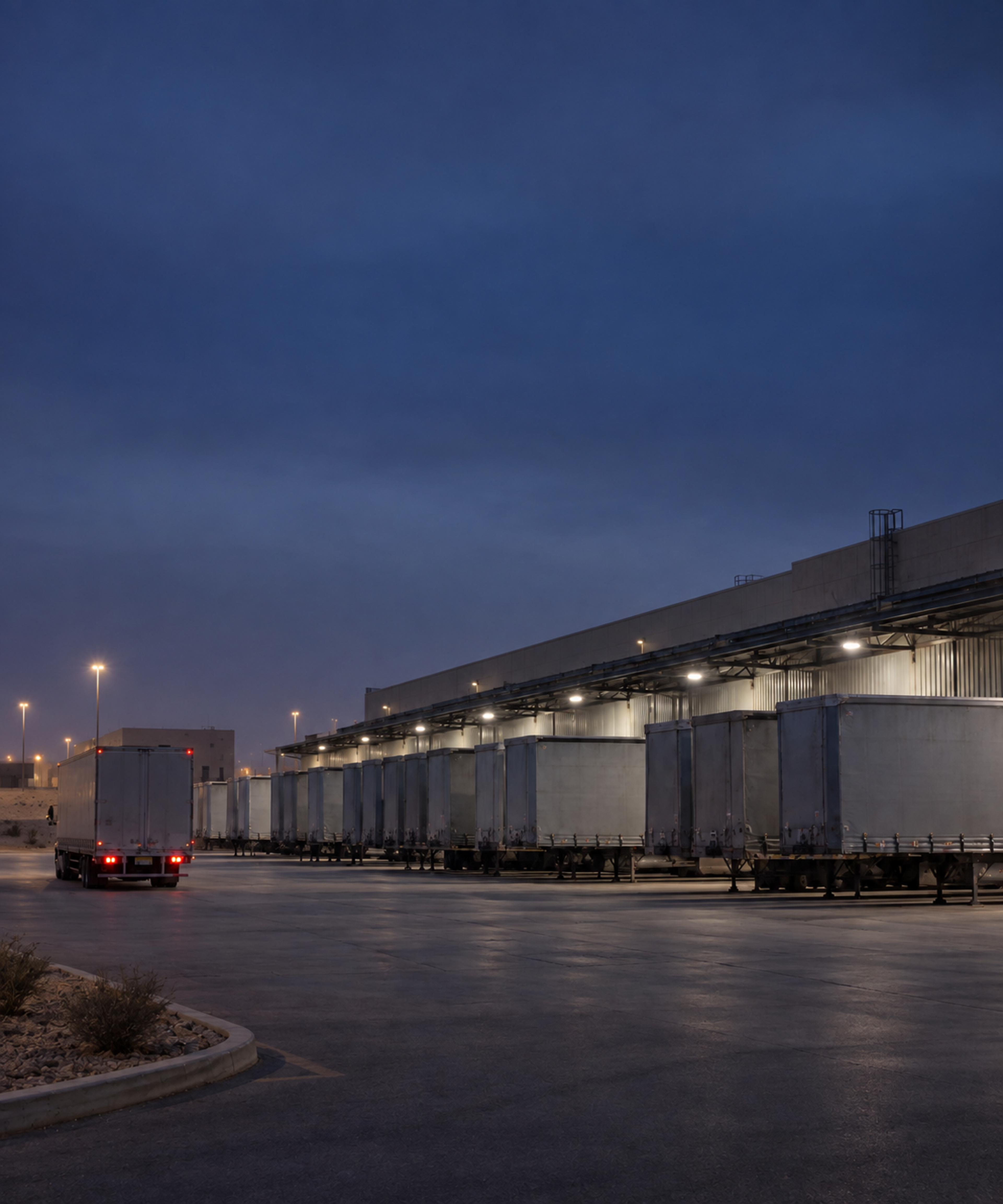 Photograph: a distribution yard before dawn, trailers under lights, one prime mover pulling out. Dark and cool, room at the top, no text in the artwork.