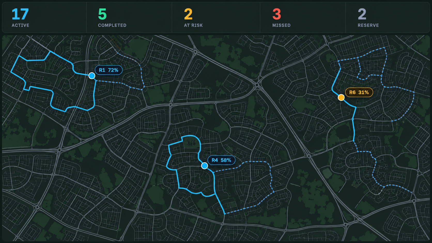 Control centre: round counters over the live map, with active rounds and their progress.