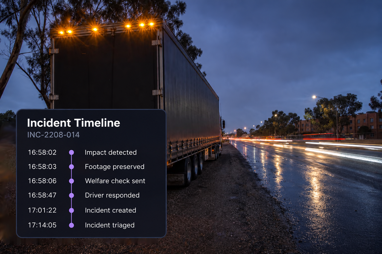 Incident timeline with nine timestamped events running from impact detected to incident triaged. 4:3, dark UI.
