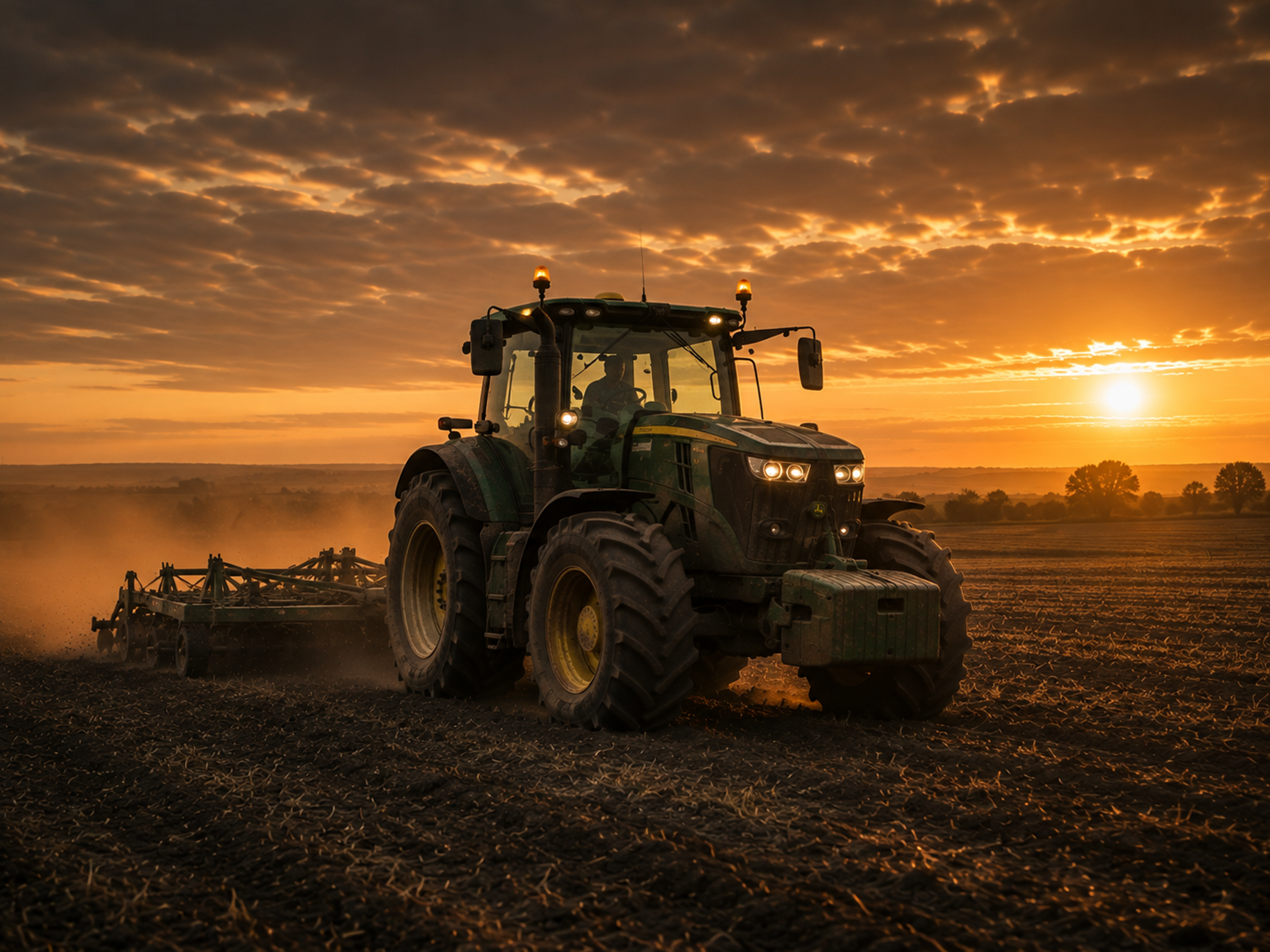 Farming: tractor working a field at dusk