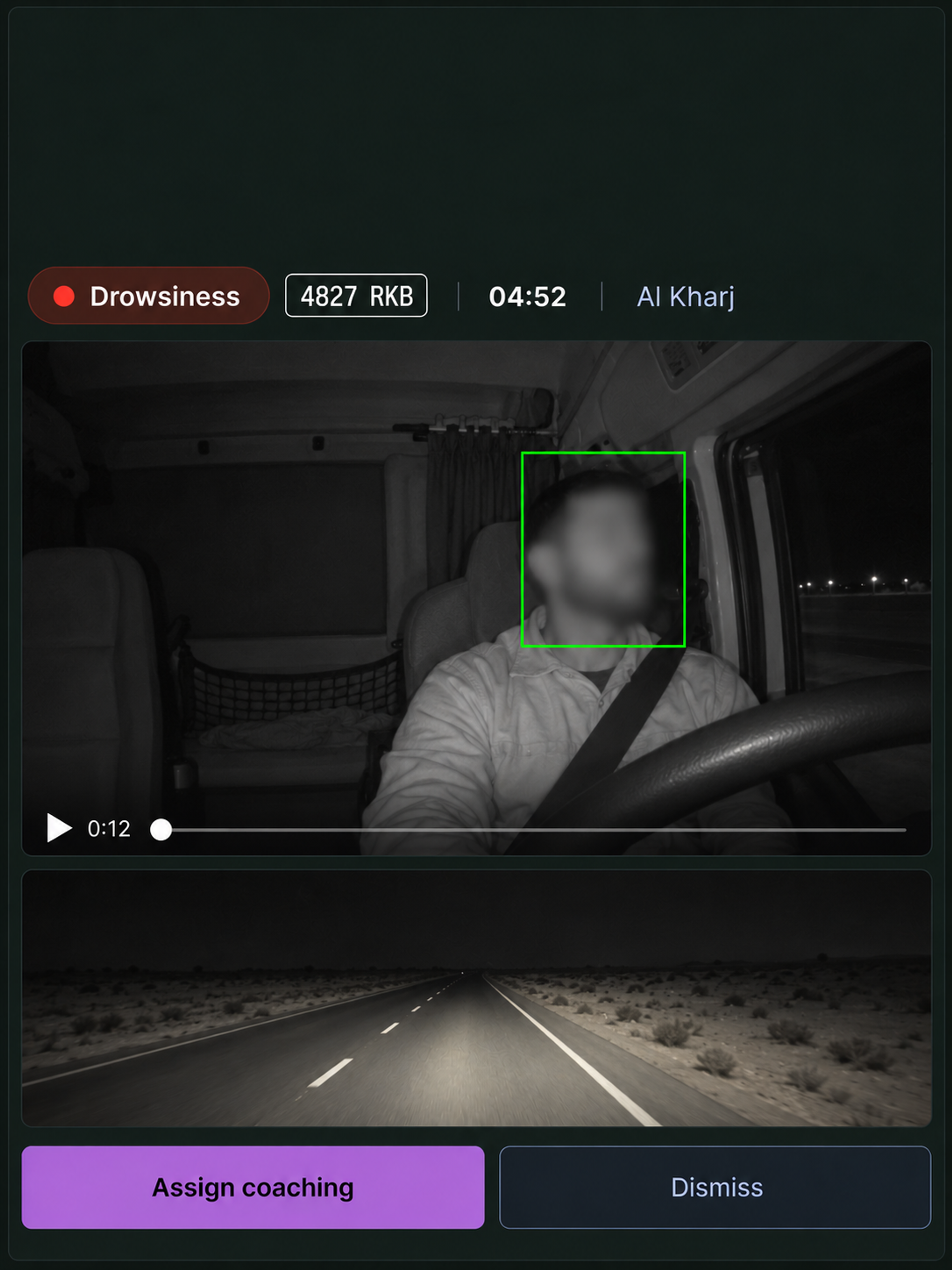 A drowsiness event in the console with its in-cab footage, ready to assign for coaching