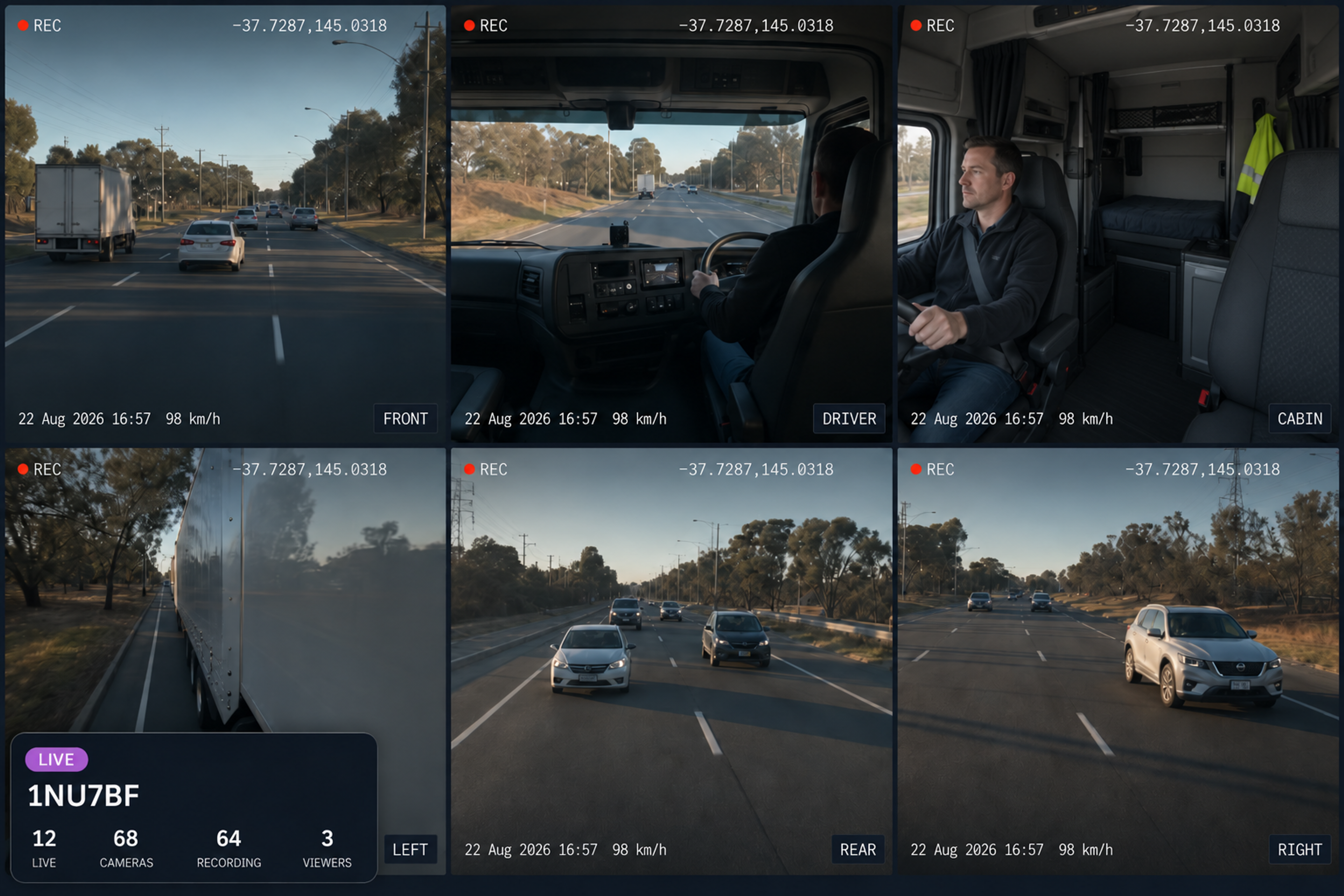 Vision360 live view: the fleet counters for live vehicles, online cameras, recording cameras, offline cameras and live viewers, above a six-up synchronised camera grid for one vehicle with front, driver, cabin, left, rear and right, and the vehicle details and system status panel beside it. 4:3, dark UI, 2000x1500.